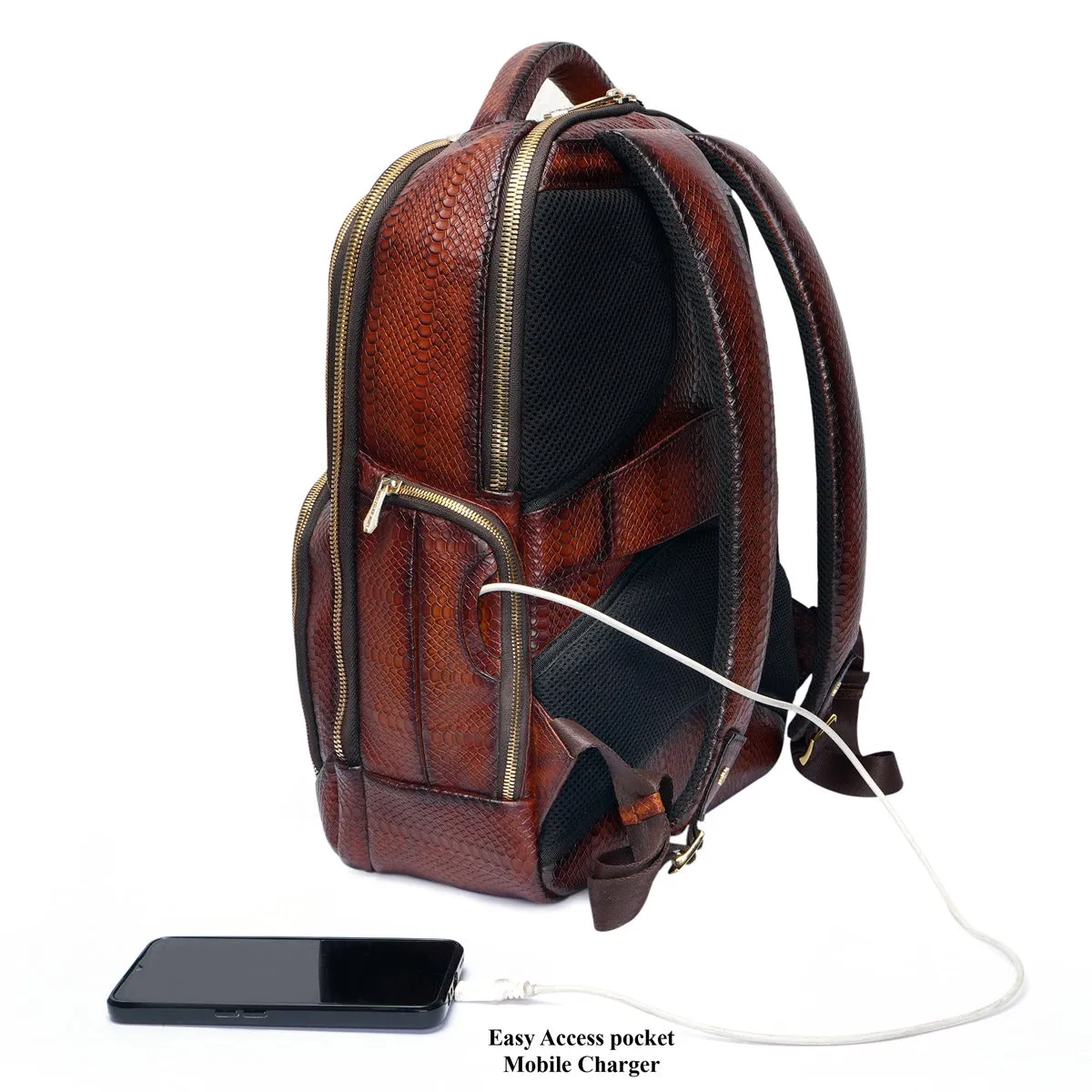 Brown Snake Skin-Textured Leather Backpack with Multi-Utility Design