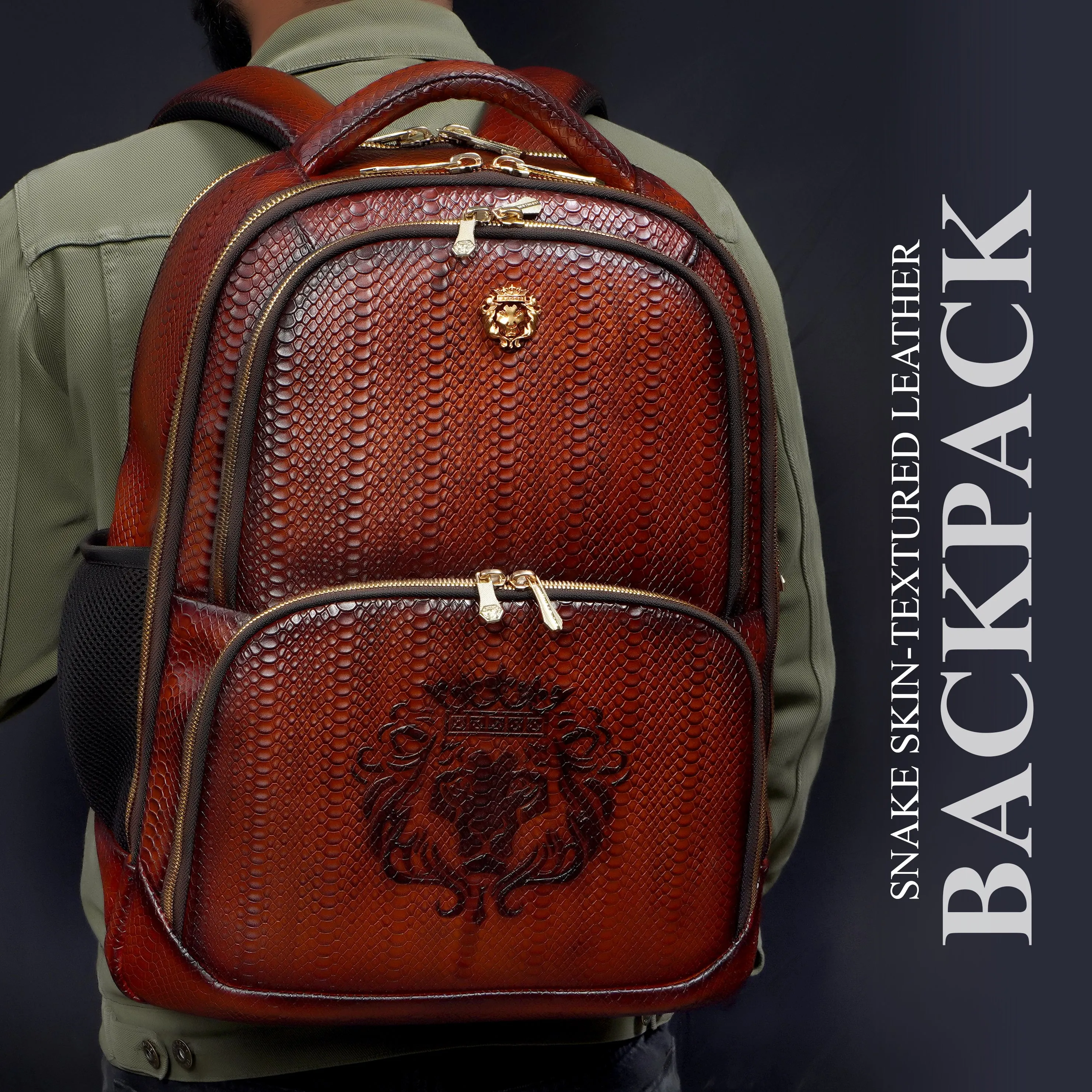 Brown Snake Skin-Textured Leather Backpack with Multi-Utility Design