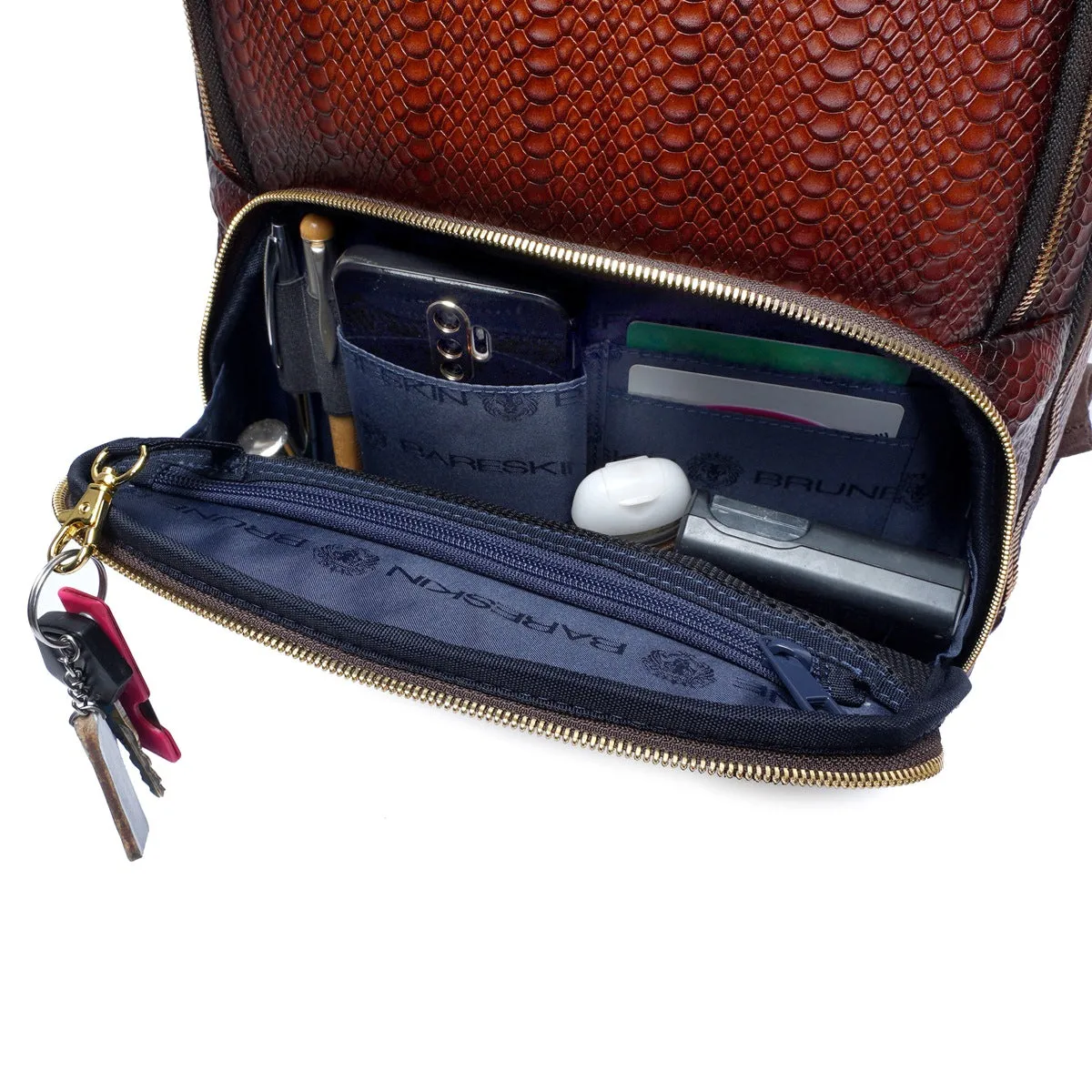 Brown Snake Skin-Textured Leather Backpack with Multi-Utility Design