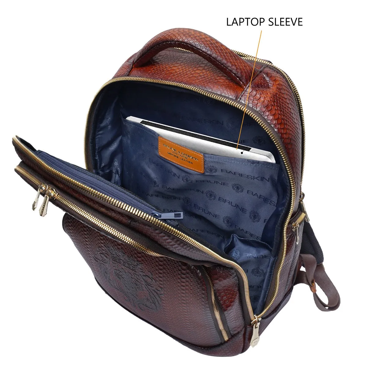 Brown Snake Skin-Textured Leather Backpack with Multi-Utility Design