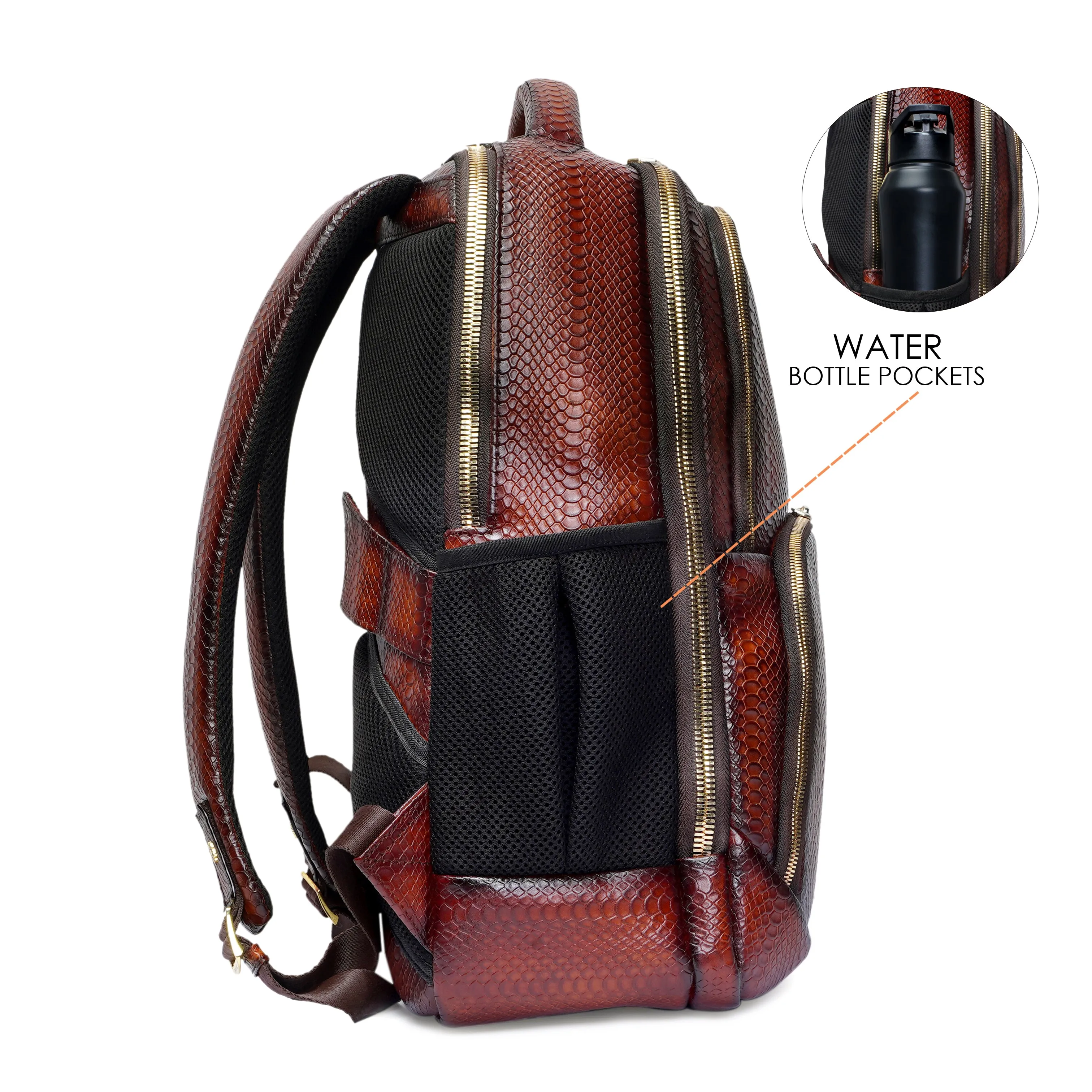 Brown Snake Skin-Textured Leather Backpack with Multi-Utility Design