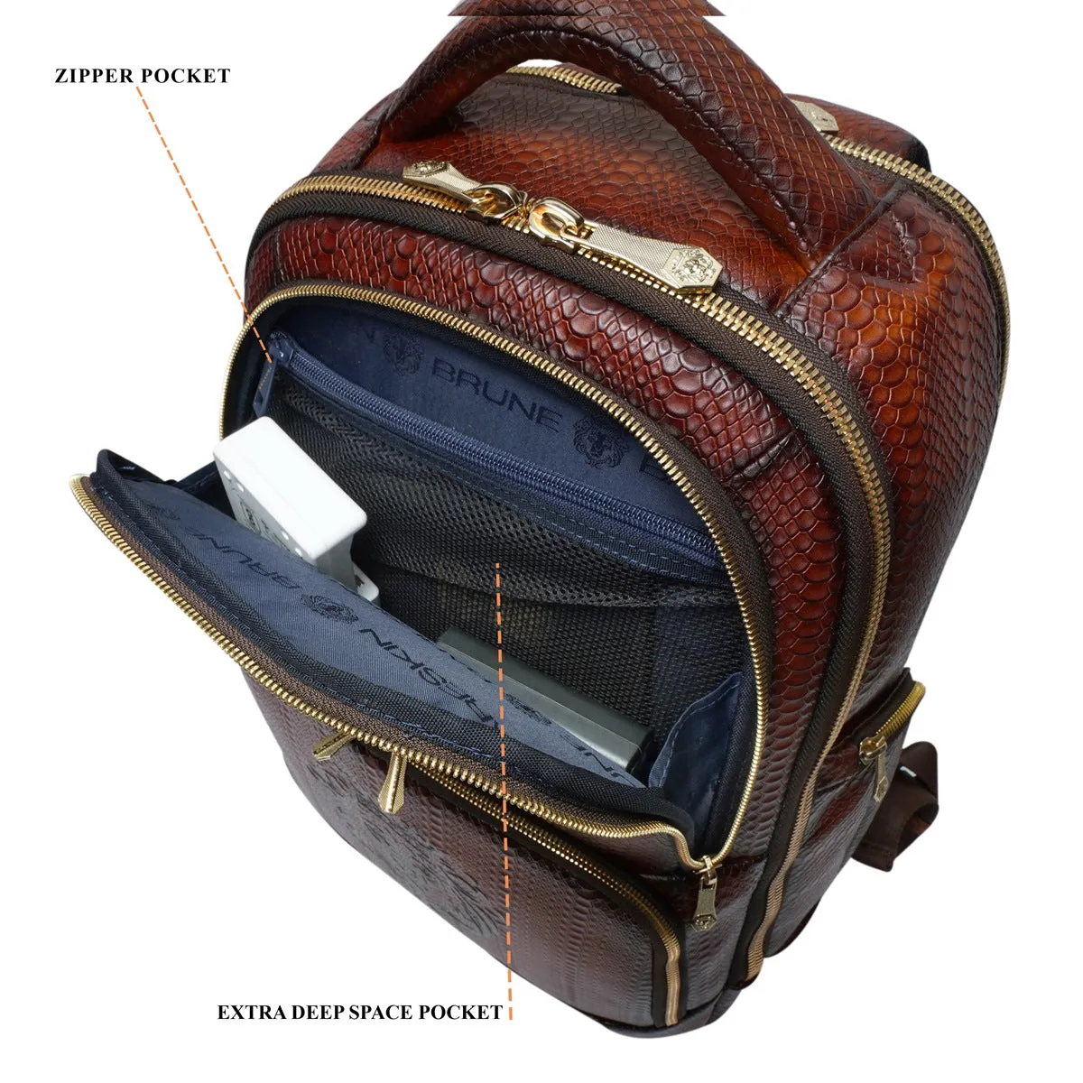 Brown Snake Skin-Textured Leather Backpack with Multi-Utility Design