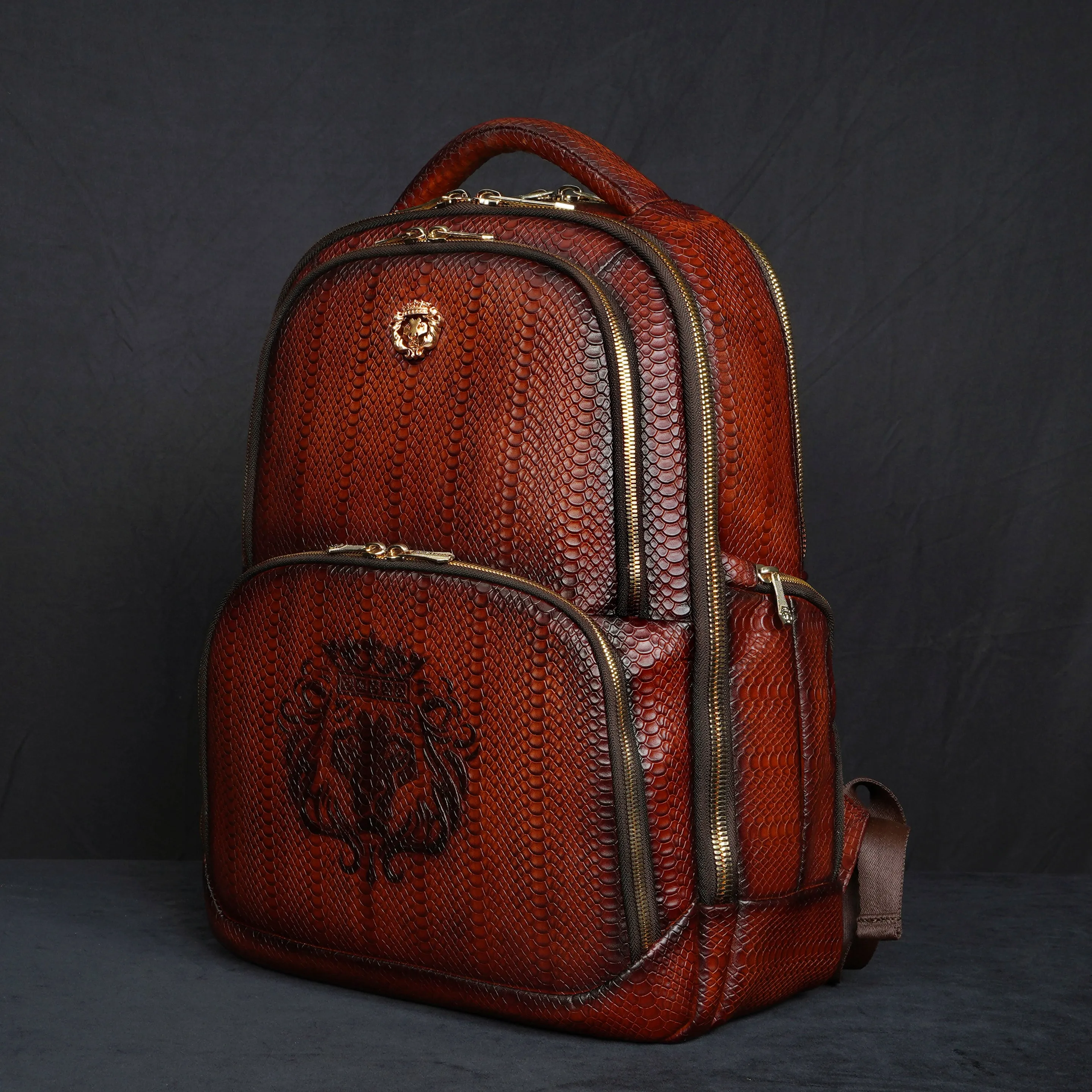 Brown Snake Skin-Textured Leather Backpack with Multi-Utility Design