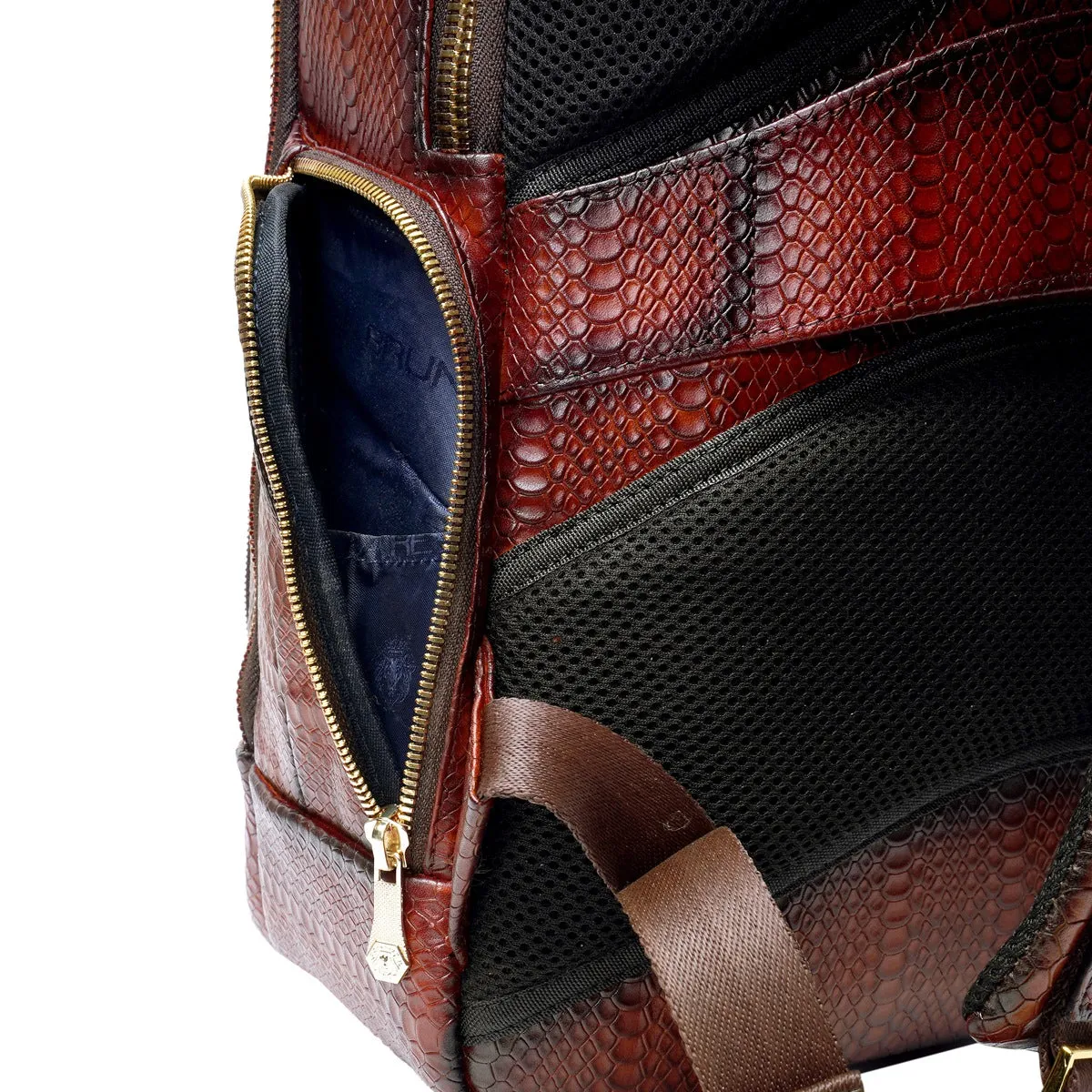 Brown Snake Skin-Textured Leather Backpack with Multi-Utility Design