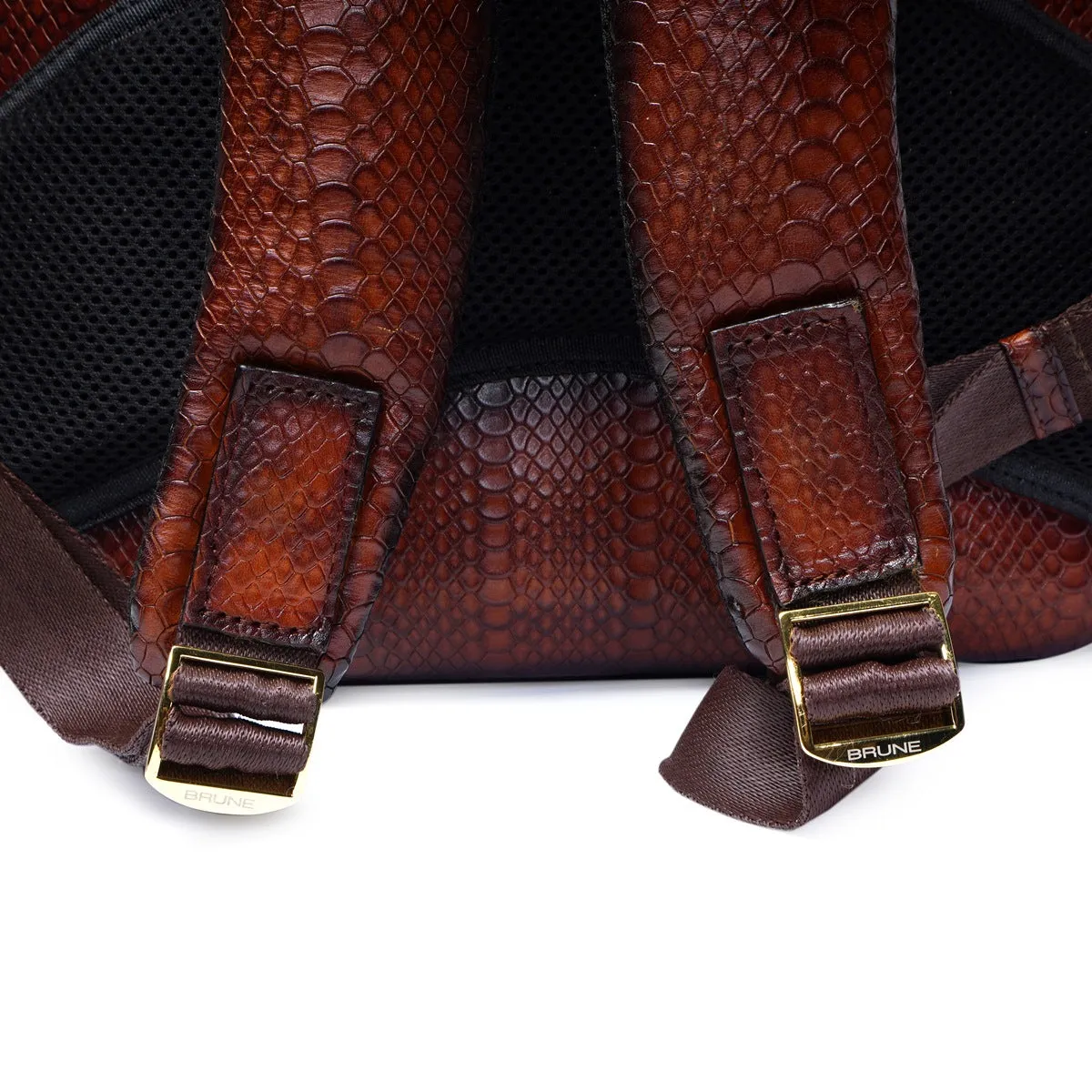 Brown Snake Skin-Textured Leather Backpack with Multi-Utility Design
