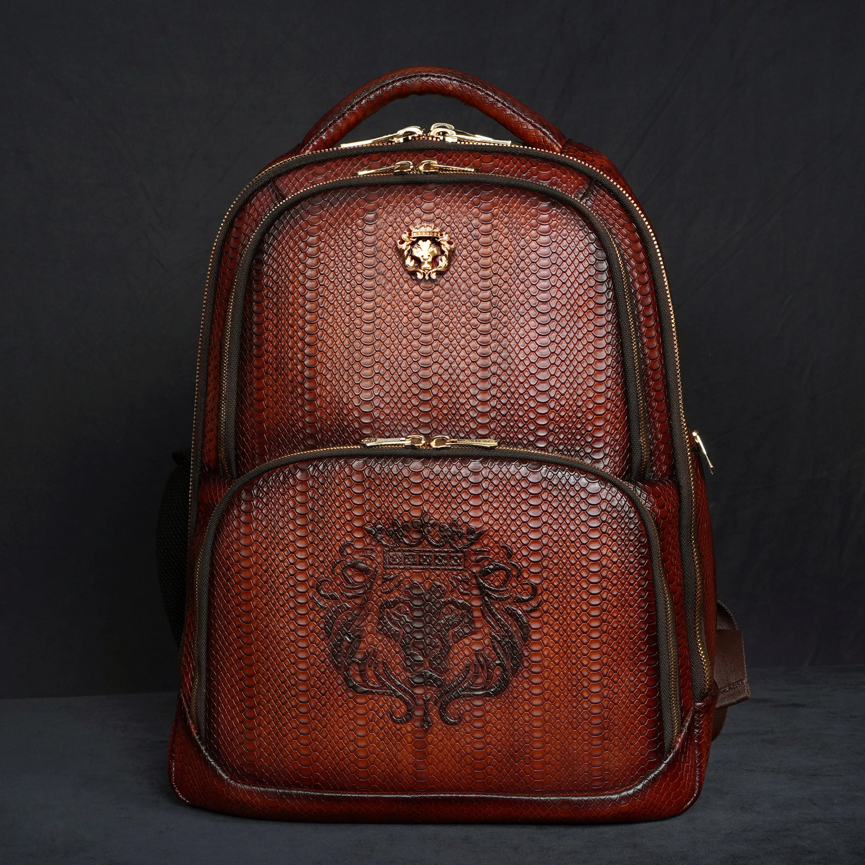 Brown Snake Skin-Textured Leather Backpack with Multi-Utility Design