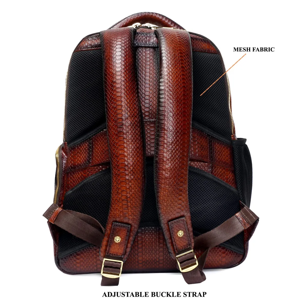 Brown Snake Skin-Textured Leather Backpack with Multi-Utility Design