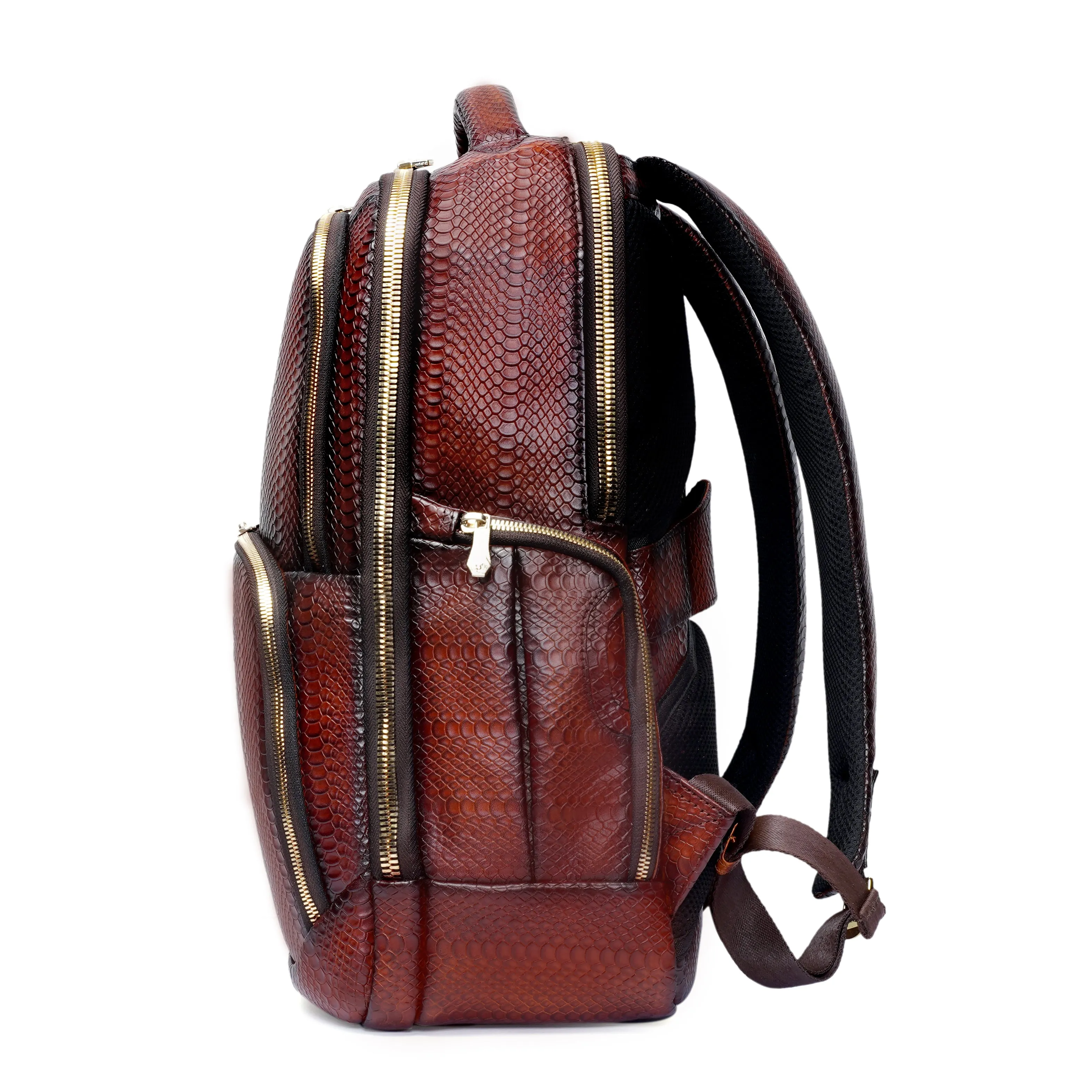 Brown Snake Skin-Textured Leather Backpack with Multi-Utility Design