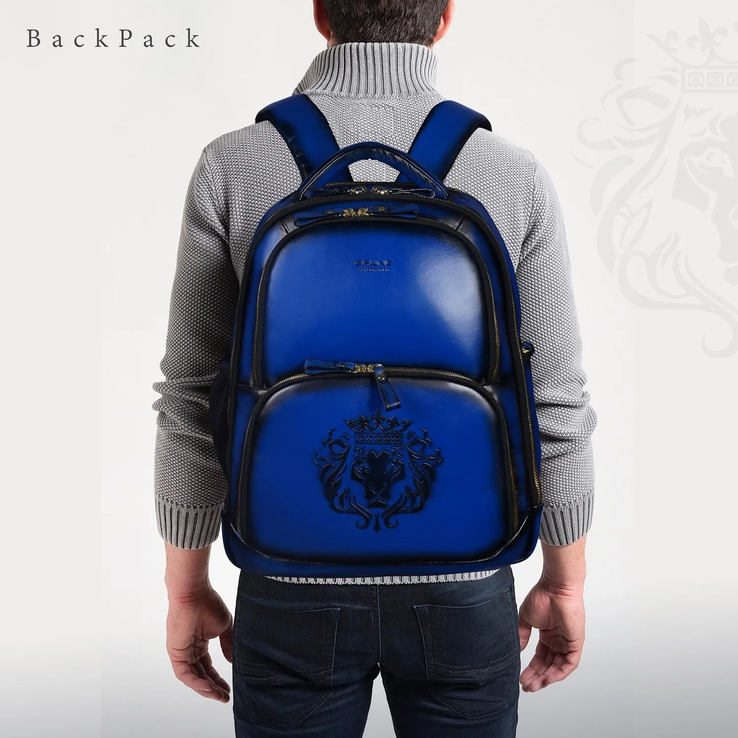Brune X Bareskin Embossed Lion Blue Leather Backpack