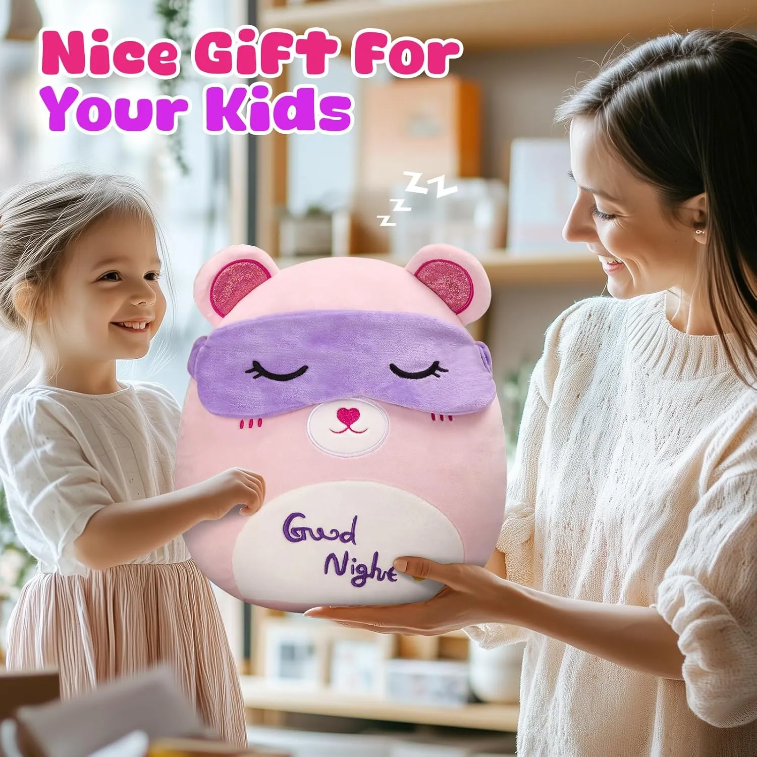 BSTAOFY Cute Bear Soft Plush Pillow with Removable Eye Mask Squishy Bedtime Bear Stuffed Animal Cushion Hugging Nap Pillow Valentines Christmas Holiday Birthday Gifts for Toddlers Kids, 12’’