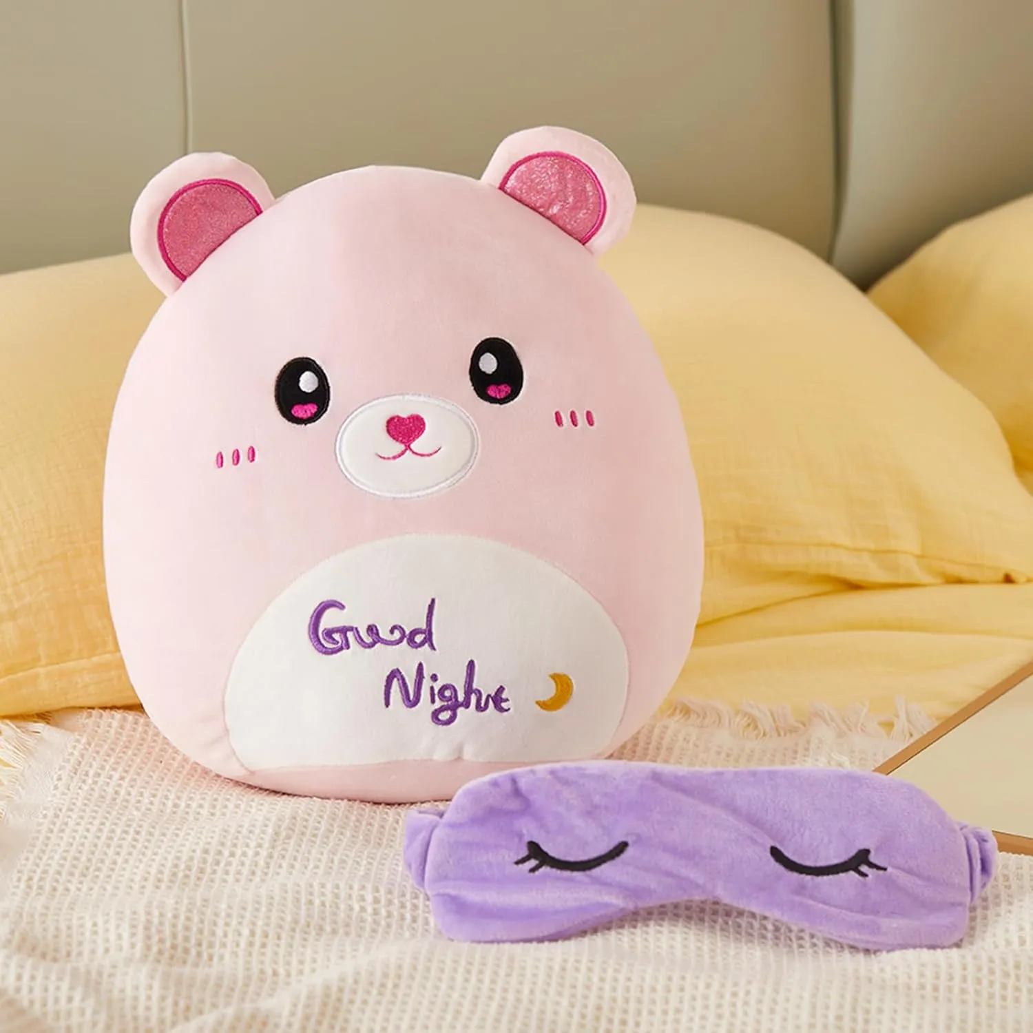 BSTAOFY Cute Bear Soft Plush Pillow with Removable Eye Mask Squishy Bedtime Bear Stuffed Animal Cushion Hugging Nap Pillow Valentines Christmas Holiday Birthday Gifts for Toddlers Kids, 12’’