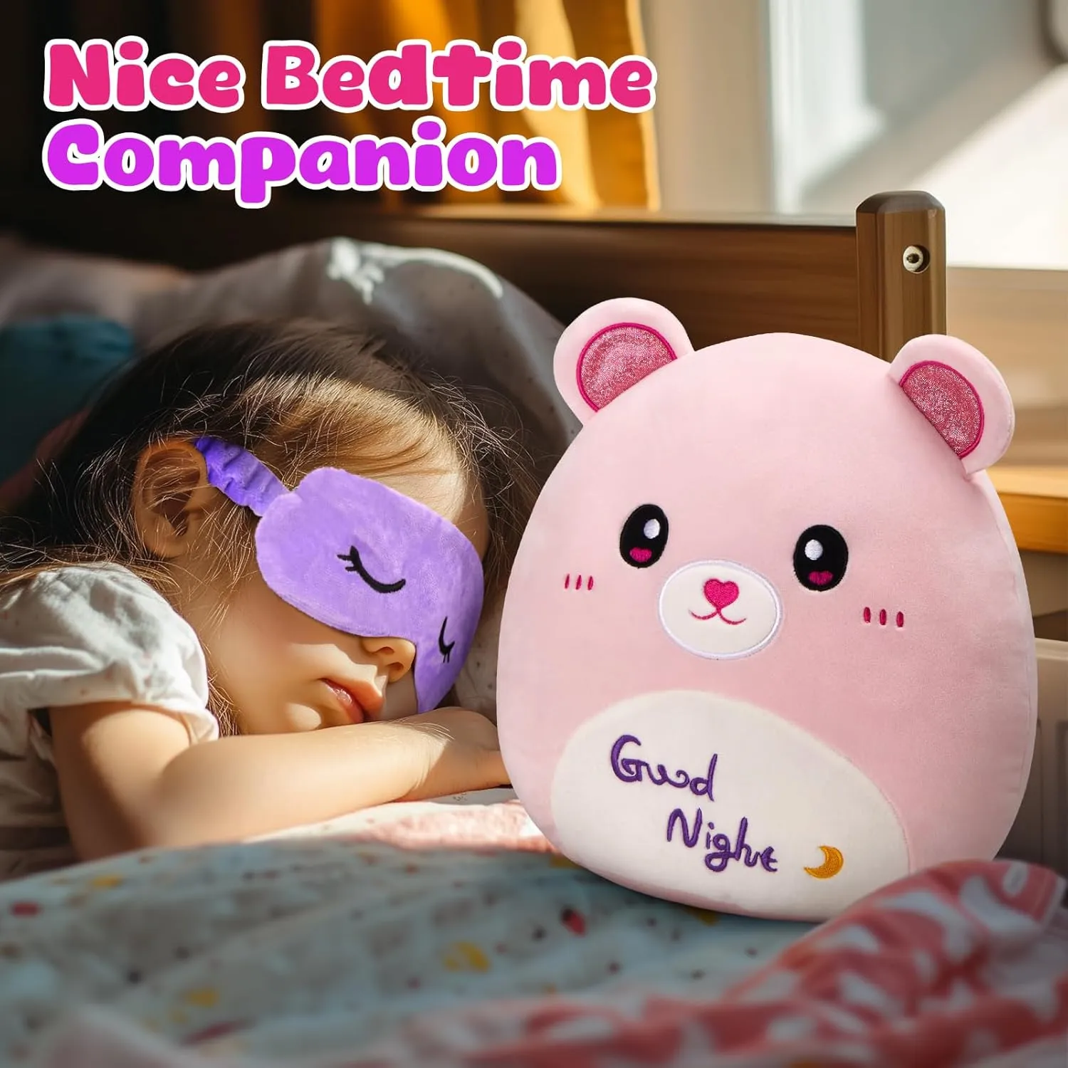 BSTAOFY Cute Bear Soft Plush Pillow with Removable Eye Mask Squishy Bedtime Bear Stuffed Animal Cushion Hugging Nap Pillow Valentines Christmas Holiday Birthday Gifts for Toddlers Kids, 12’’