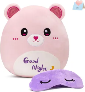 BSTAOFY Cute Bear Soft Plush Pillow with Removable Eye Mask Squishy Bedtime Bear Stuffed Animal Cushion Hugging Nap Pillow Valentines Christmas Holiday Birthday Gifts for Toddlers Kids, 12’’