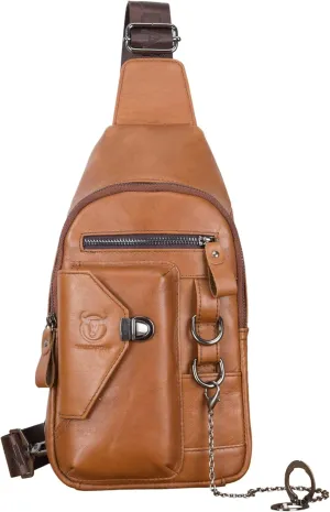 BULLCAPTAIN Genuine Leather Sling Bag for Men Crossbody with Cellphone Stand Chain Chest Shoulder Backpack Daypack XB-520