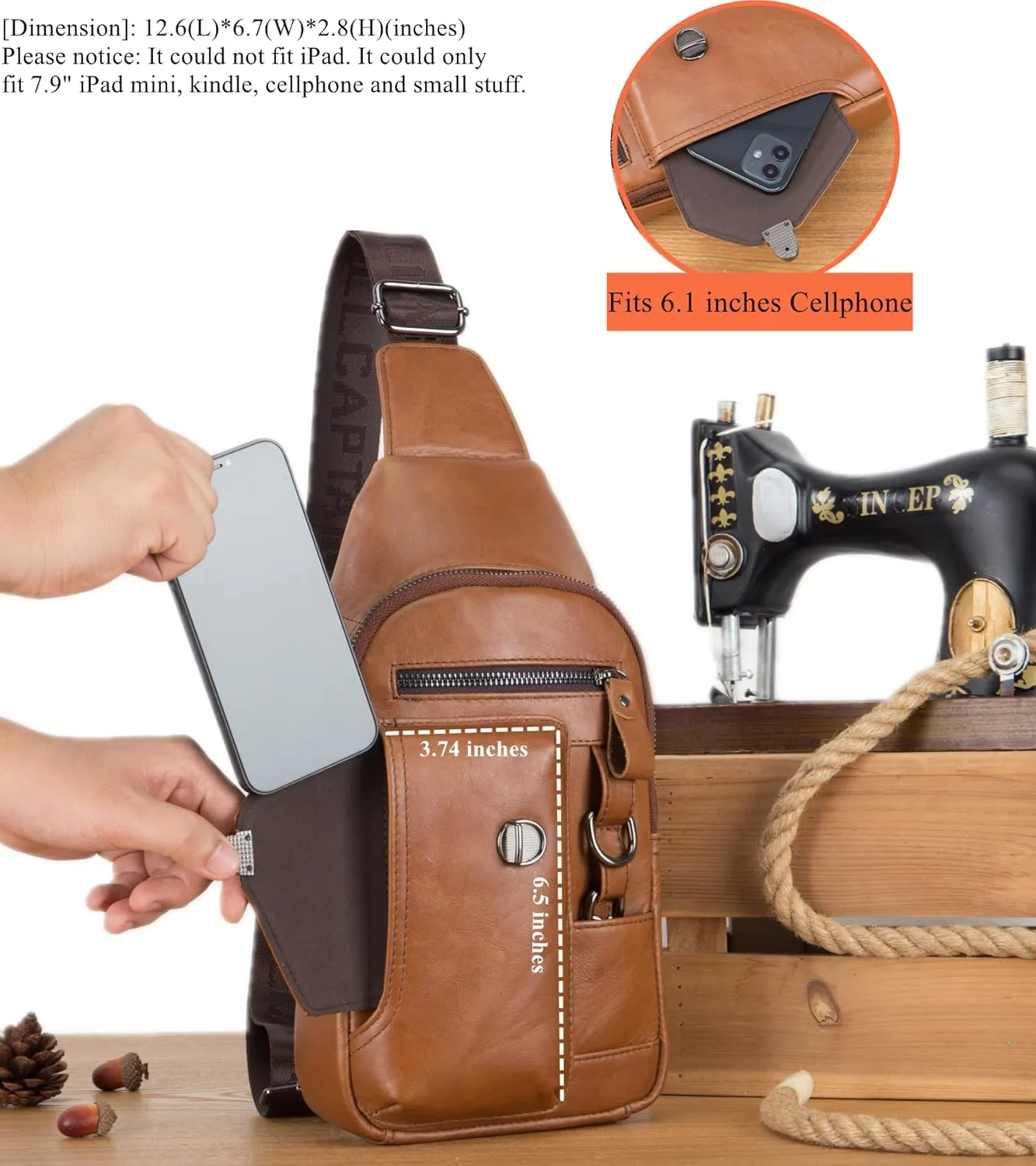 BULLCAPTAIN Genuine Leather Sling Bag for Men Crossbody with Cellphone Stand Chain Chest Shoulder Backpack Daypack XB-520
