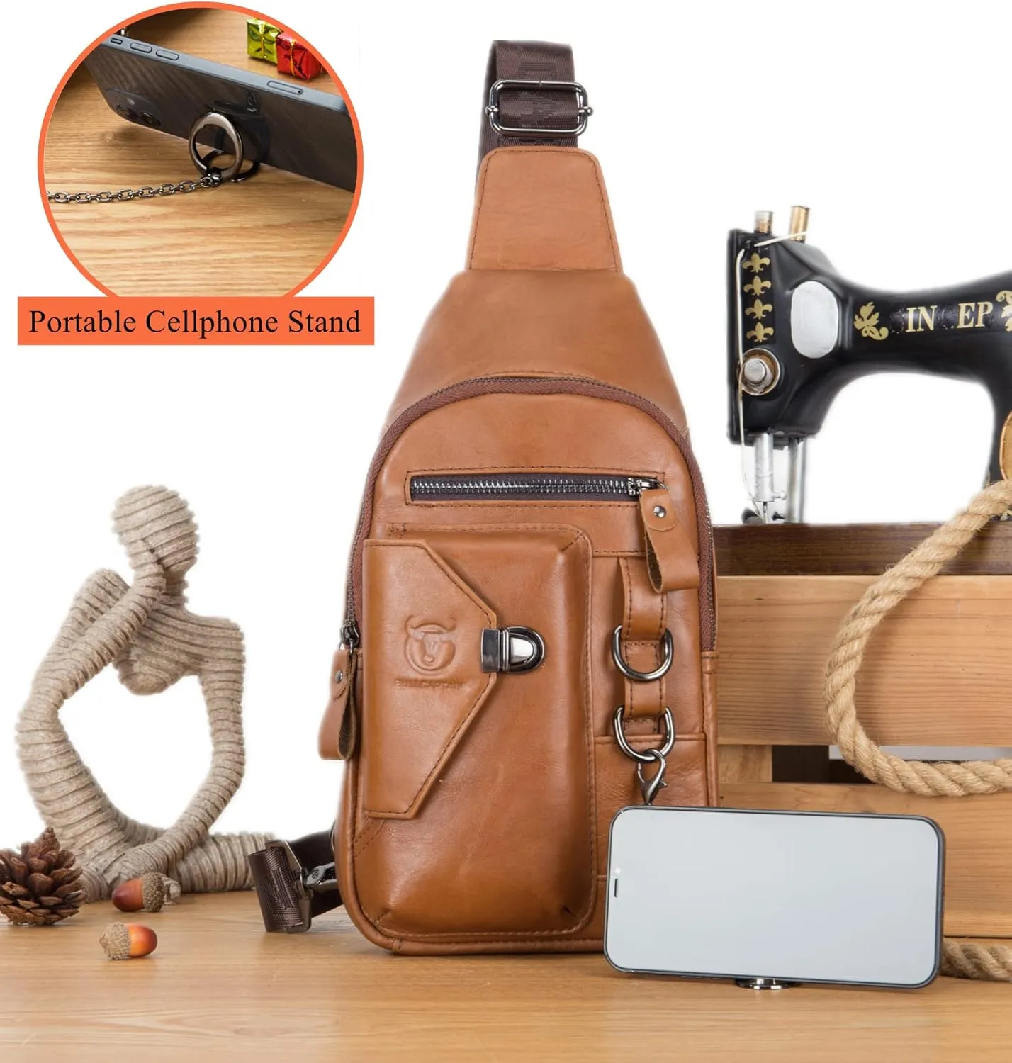 BULLCAPTAIN Genuine Leather Sling Bag for Men Crossbody with Cellphone Stand Chain Chest Shoulder Backpack Daypack XB-520