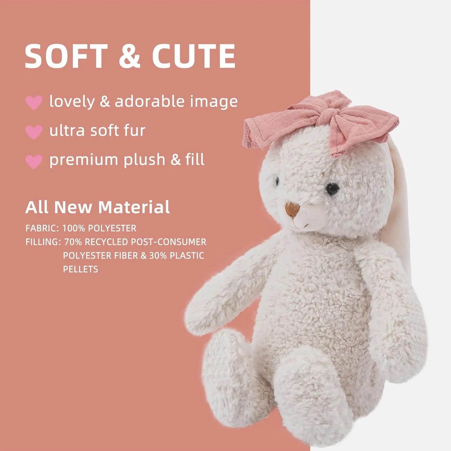 Bunny Stuffed Animal Soft Rabbit Cuddly Toy 10'' Long - Eared Plush Bunny with Pink Bow Plush Toys for Babies and Toddlers