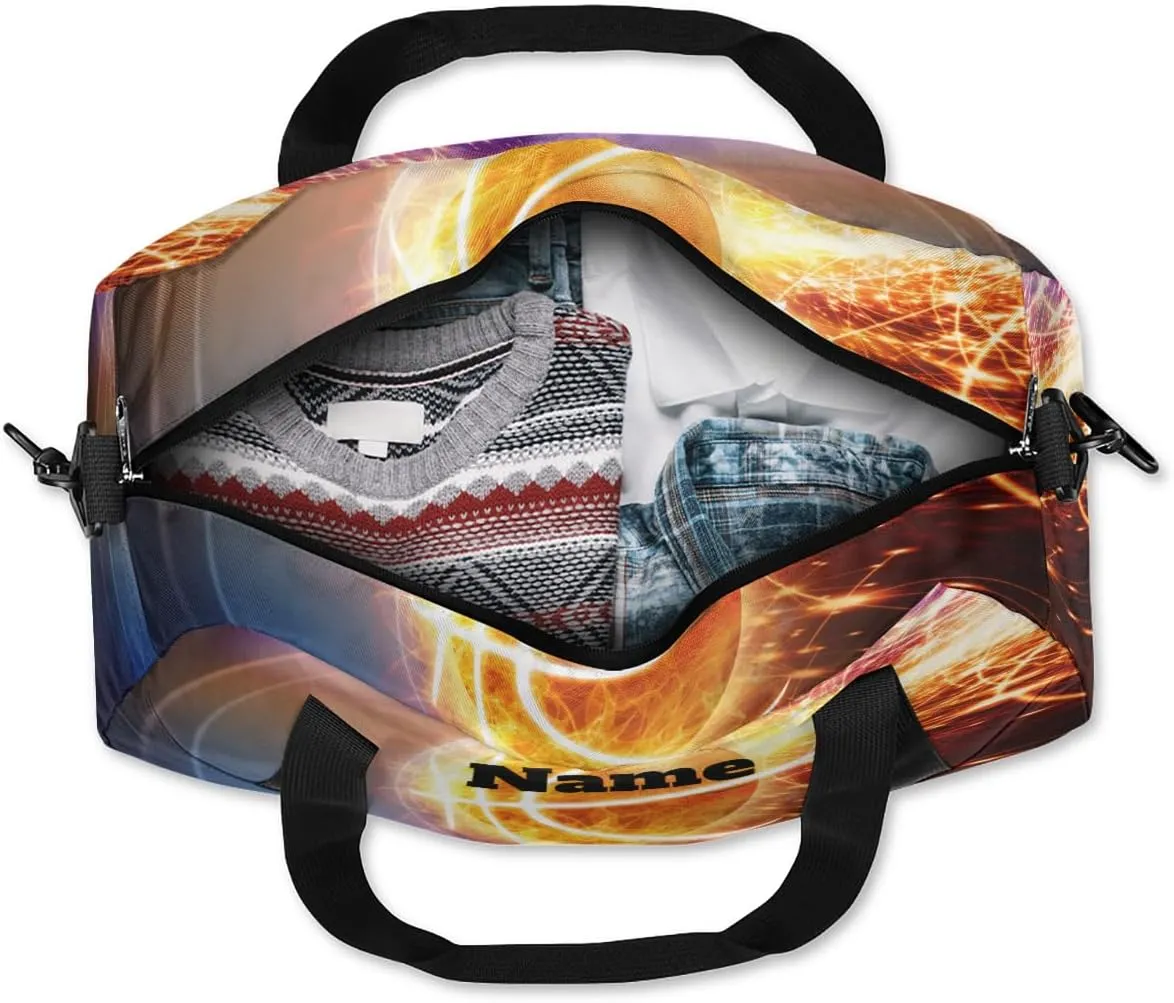 Burning Basketball Sports Ball Custom Name Kids Duffel Bags Personalized Customized Gifts Sports Gym Bag Girls Dance Bag Overnight Weekender Sleepover Carry On Travel Tote Bag for Boys Girls