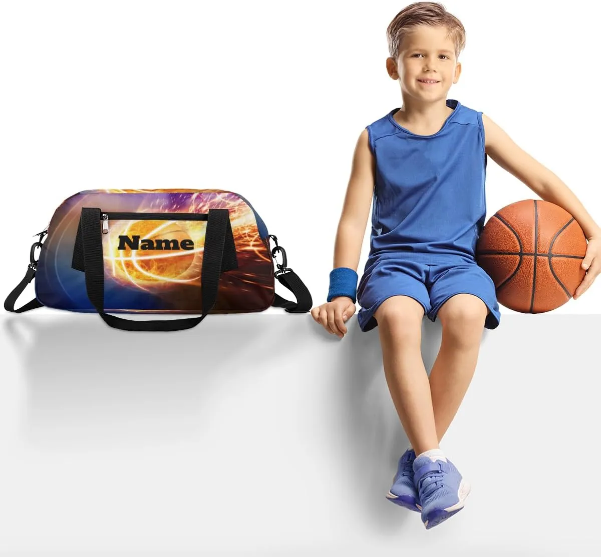 Burning Basketball Sports Ball Custom Name Kids Duffel Bags Personalized Customized Gifts Sports Gym Bag Girls Dance Bag Overnight Weekender Sleepover Carry On Travel Tote Bag for Boys Girls