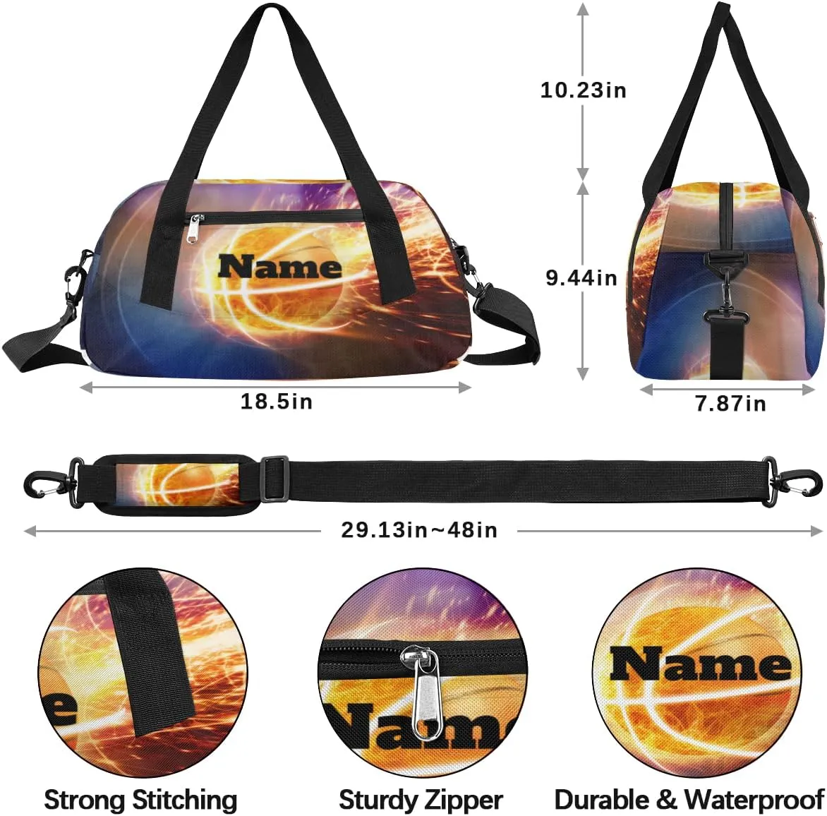 Burning Basketball Sports Ball Custom Name Kids Duffel Bags Personalized Customized Gifts Sports Gym Bag Girls Dance Bag Overnight Weekender Sleepover Carry On Travel Tote Bag for Boys Girls