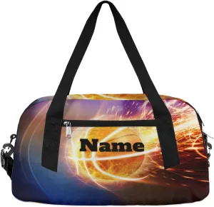 Burning Basketball Sports Ball Custom Name Kids Duffel Bags Personalized Customized Gifts Sports Gym Bag Girls Dance Bag Overnight Weekender Sleepover Carry On Travel Tote Bag for Boys Girls