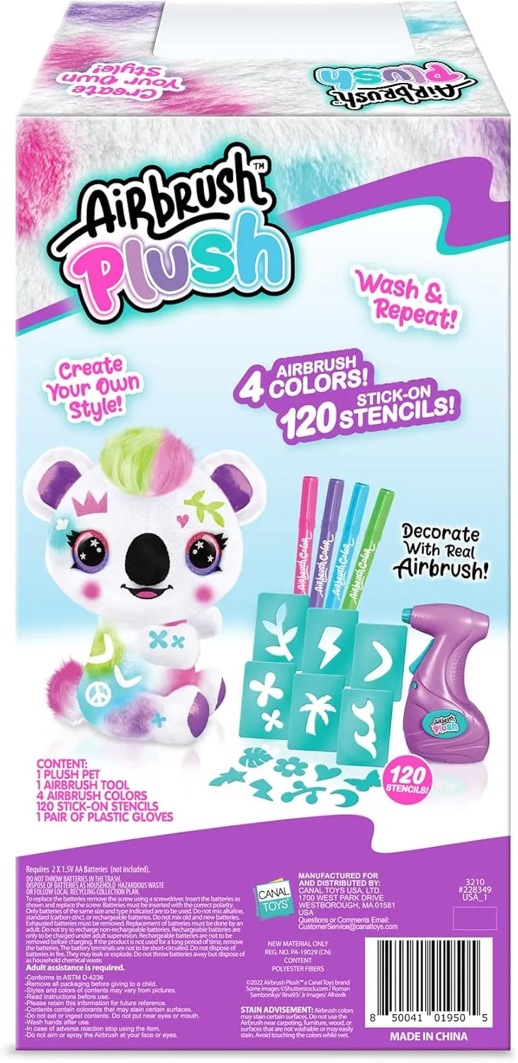 Canal Toys Personalize Airbrush Plush Large Koala! Decorate, wash, repeat! Customize your own spray art plush with markers, battery powered airbrush and 100  stencils. Ages 6 
