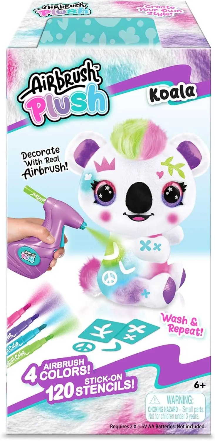 Canal Toys Personalize Airbrush Plush Large Koala! Decorate, wash, repeat! Customize your own spray art plush with markers, battery powered airbrush and 100  stencils. Ages 6 