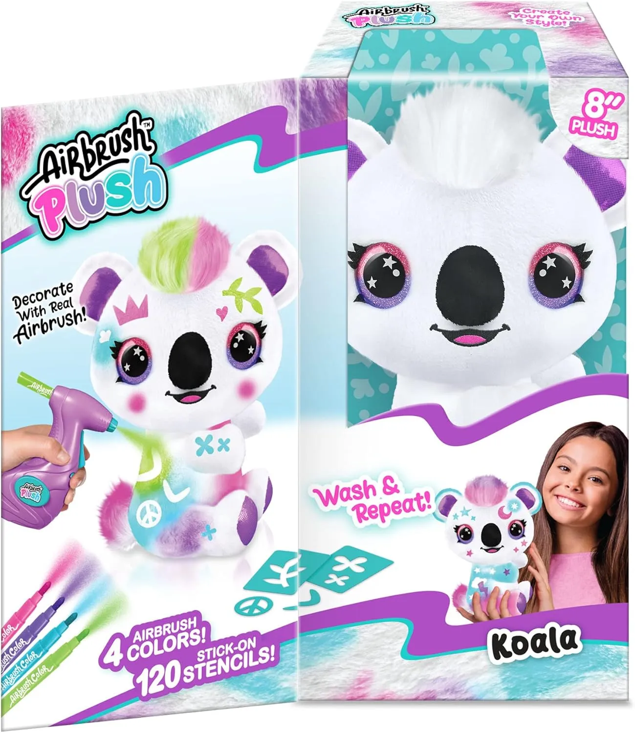 Canal Toys Personalize Airbrush Plush Large Koala! Decorate, wash, repeat! Customize your own spray art plush with markers, battery powered airbrush and 100  stencils. Ages 6 