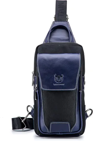 Captain Cow Leather Chest Bag Men's First Layer Leather Fashion Casual Shoulder Messenger Bag (Blue Black)