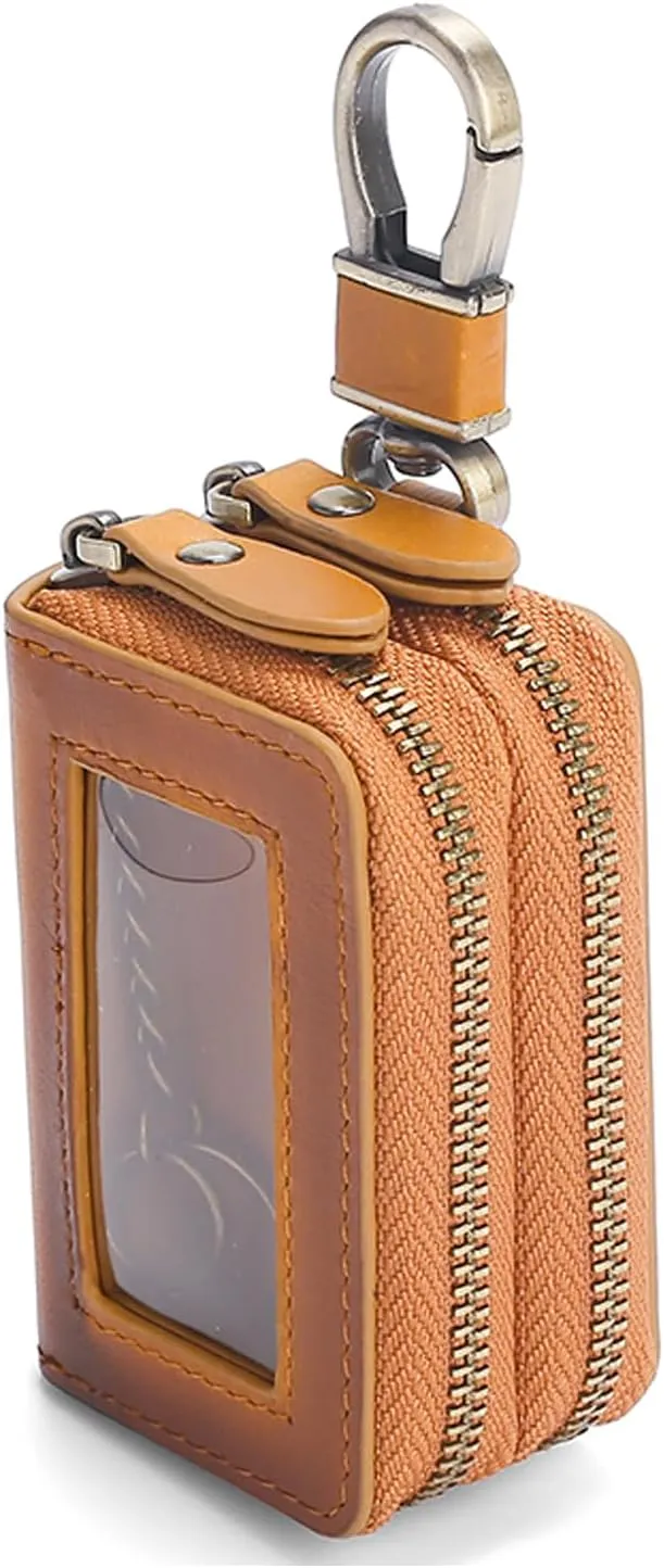 Car Key Case, Double Sides Pocket Zipper Remote Fob Keychain Holder Bag for Men Women, Genuine Leather with Visible Window & Metal Hook & Keyrings (Brown w/Window)