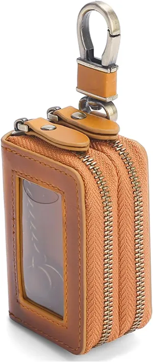 Car Key Case, Double Sides Pocket Zipper Remote Fob Keychain Holder Bag for Men Women, Genuine Leather with Visible Window & Metal Hook & Keyrings (Brown w/Window)