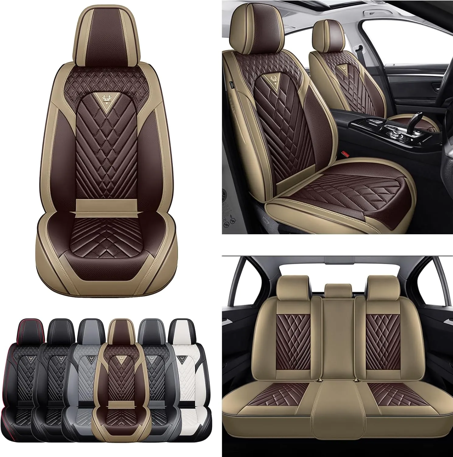 Car Seat Cover for Jaguar F-PACE 2017-2022,Premium Nappa Leather Waterproof Anti-Slip Sports Seat Cover,Airbag Compatible Easy to Install Seat Protector Full Set（Brown&Curry）