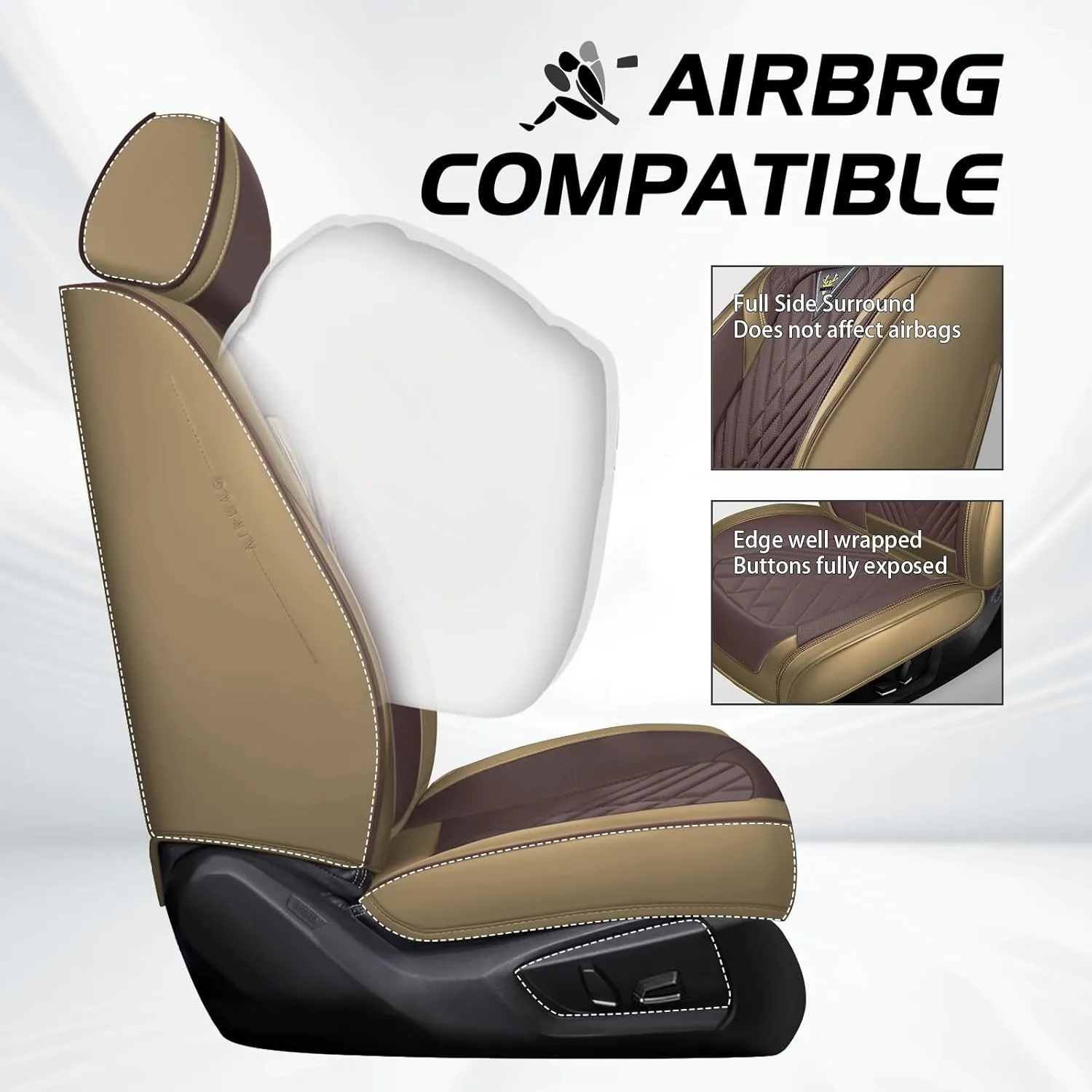 Car Seat Cover for Jaguar F-PACE 2017-2022,Premium Nappa Leather Waterproof Anti-Slip Sports Seat Cover,Airbag Compatible Easy to Install Seat Protector Full Set（Brown&Curry）