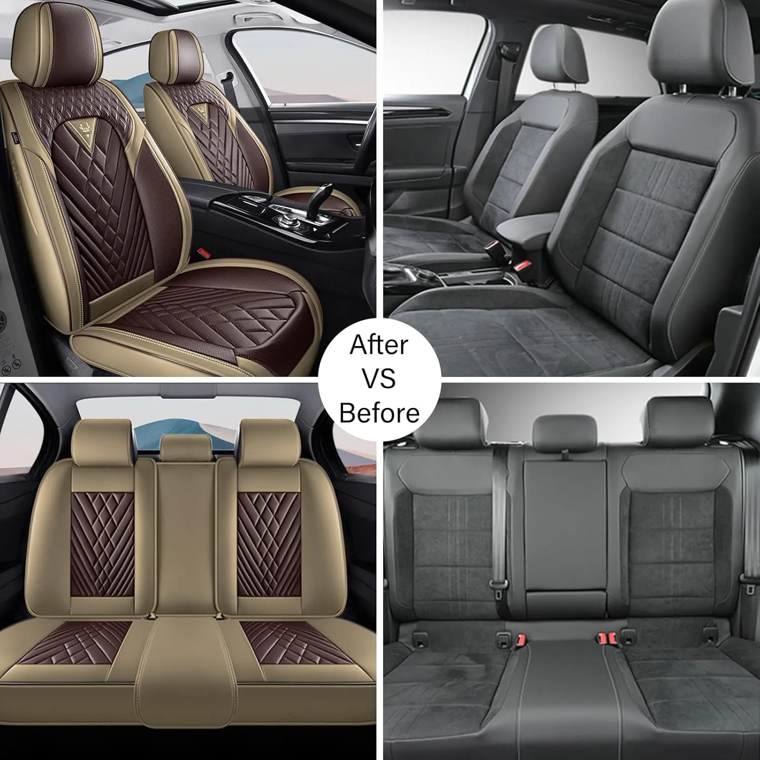 Car Seat Cover for Jaguar F-PACE 2017-2022,Premium Nappa Leather Waterproof Anti-Slip Sports Seat Cover,Airbag Compatible Easy to Install Seat Protector Full Set（Brown&Curry）