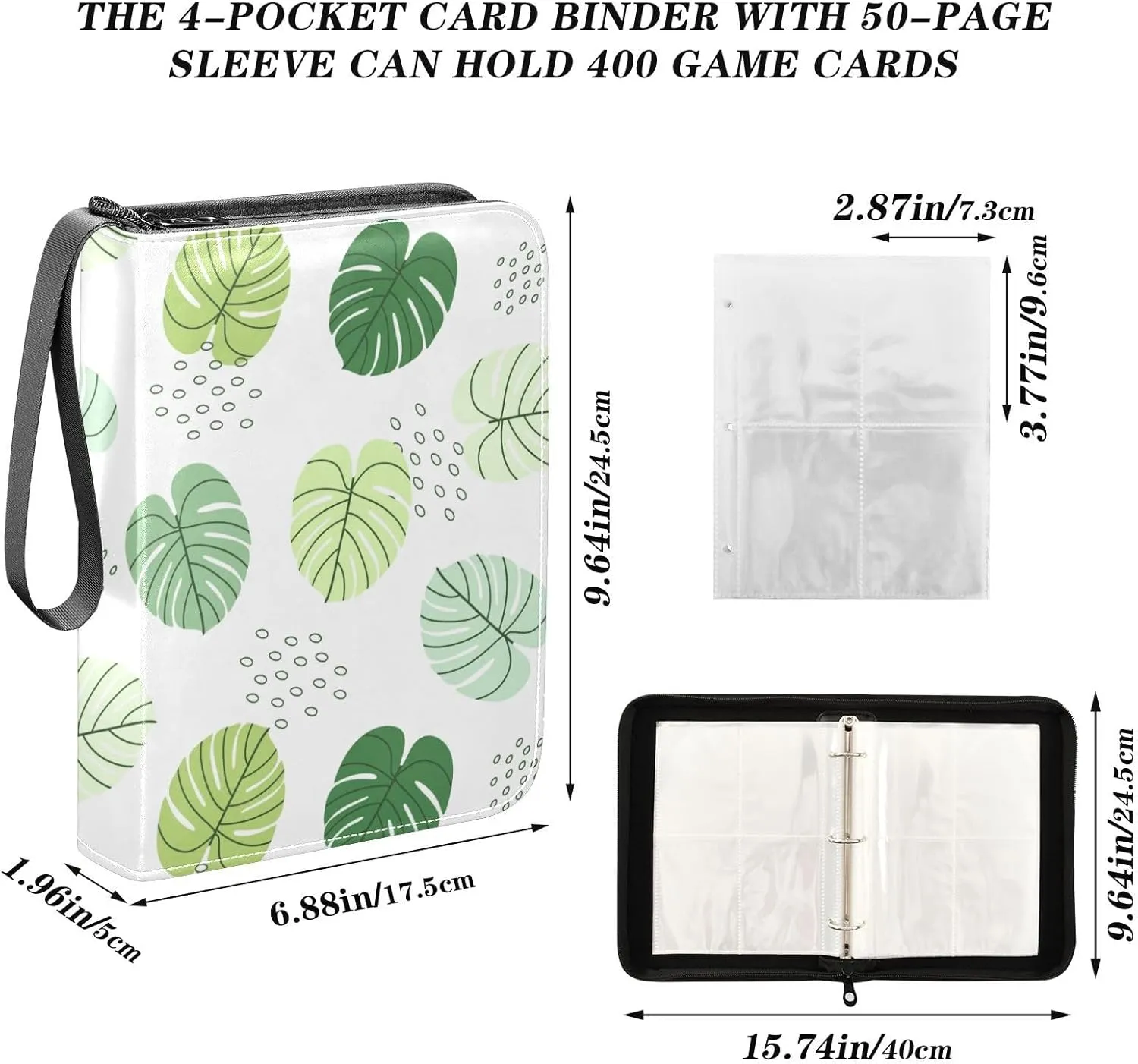 Card Binder 4 Pocket Trading Card Binder Holds 400 Cards with 50 Removable Sleeves for Boys Girls Game Cards Sports Cards Simple Tropical Leaves Green