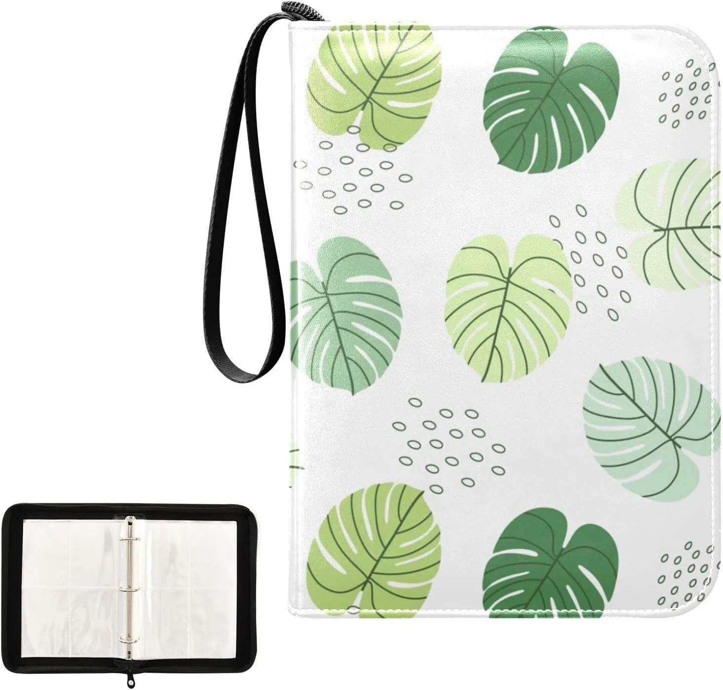 Card Binder 4 Pocket Trading Card Binder Holds 400 Cards with 50 Removable Sleeves for Boys Girls Game Cards Sports Cards Simple Tropical Leaves Green