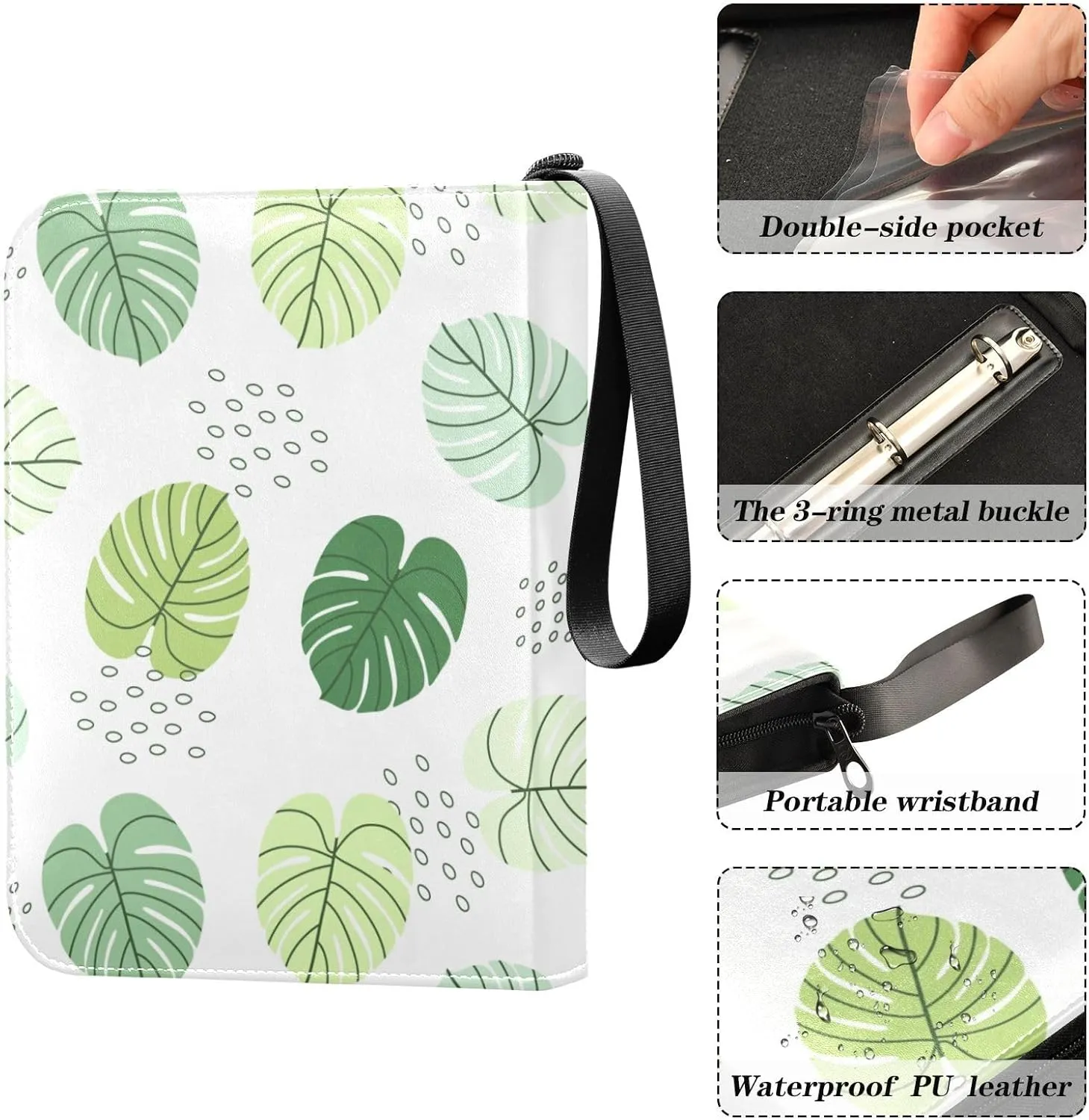 Card Binder 4 Pocket Trading Card Binder Holds 400 Cards with 50 Removable Sleeves for Boys Girls Game Cards Sports Cards Simple Tropical Leaves Green