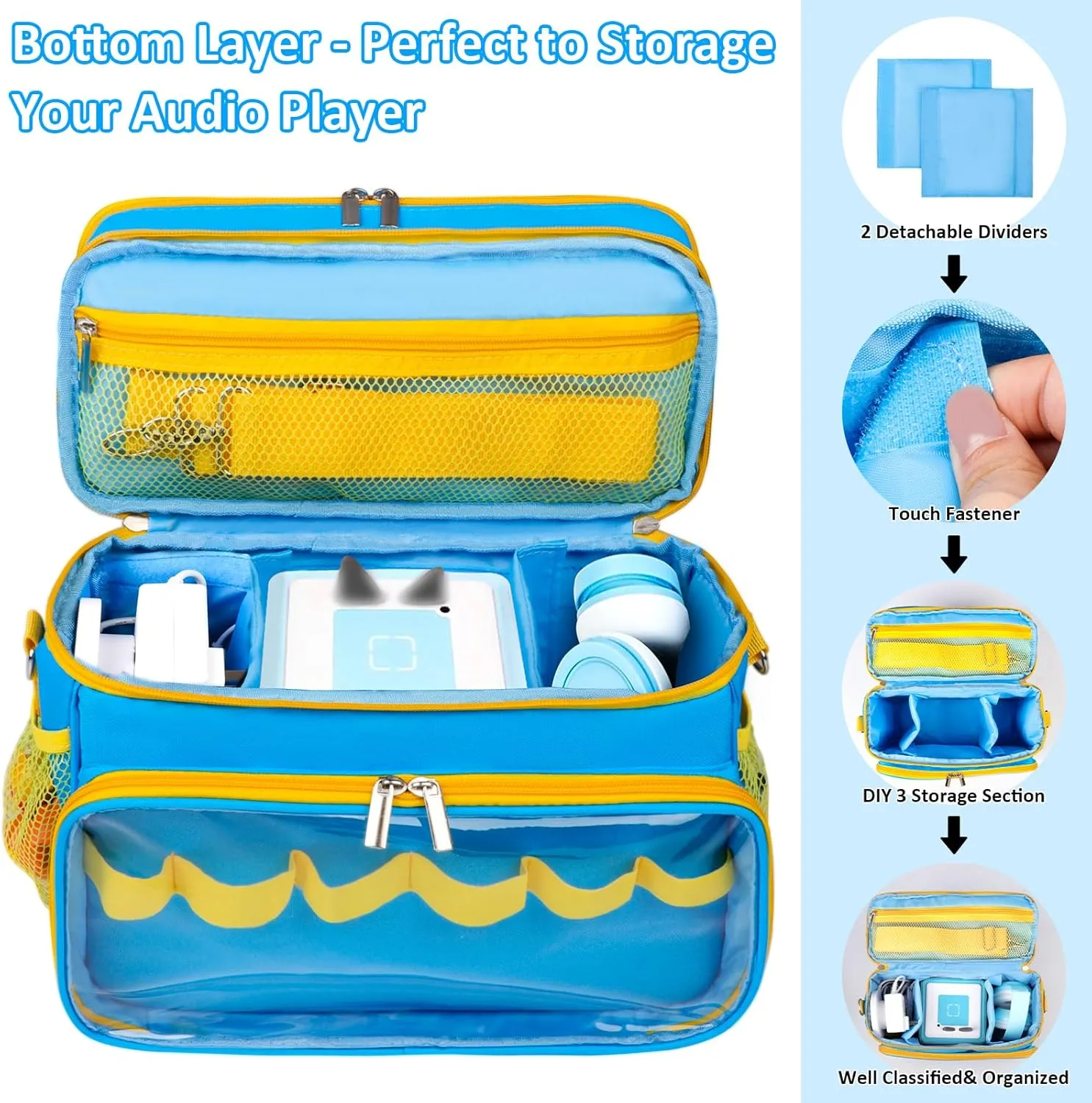 Carrying Case Compatible with Toniebox Starter Set, Double Layer Storage Bag for Tonies Figures Characters, Portable Travel Organizer Case with Shoulder Strap for Tonies Box Headphones (Sky)