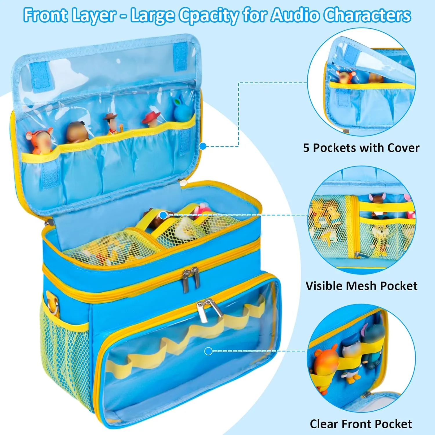 Carrying Case Compatible with Toniebox Starter Set, Double Layer Storage Bag for Tonies Figures Characters, Portable Travel Organizer Case with Shoulder Strap for Tonies Box Headphones (Sky)