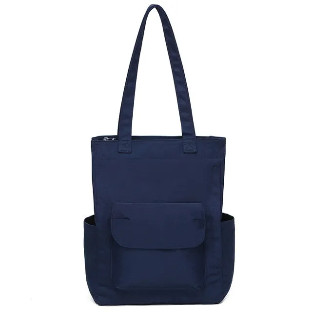Casual Women's Canvas Student Handbag Solid Color Reusable Waterproof Shoulder Shopping Bag