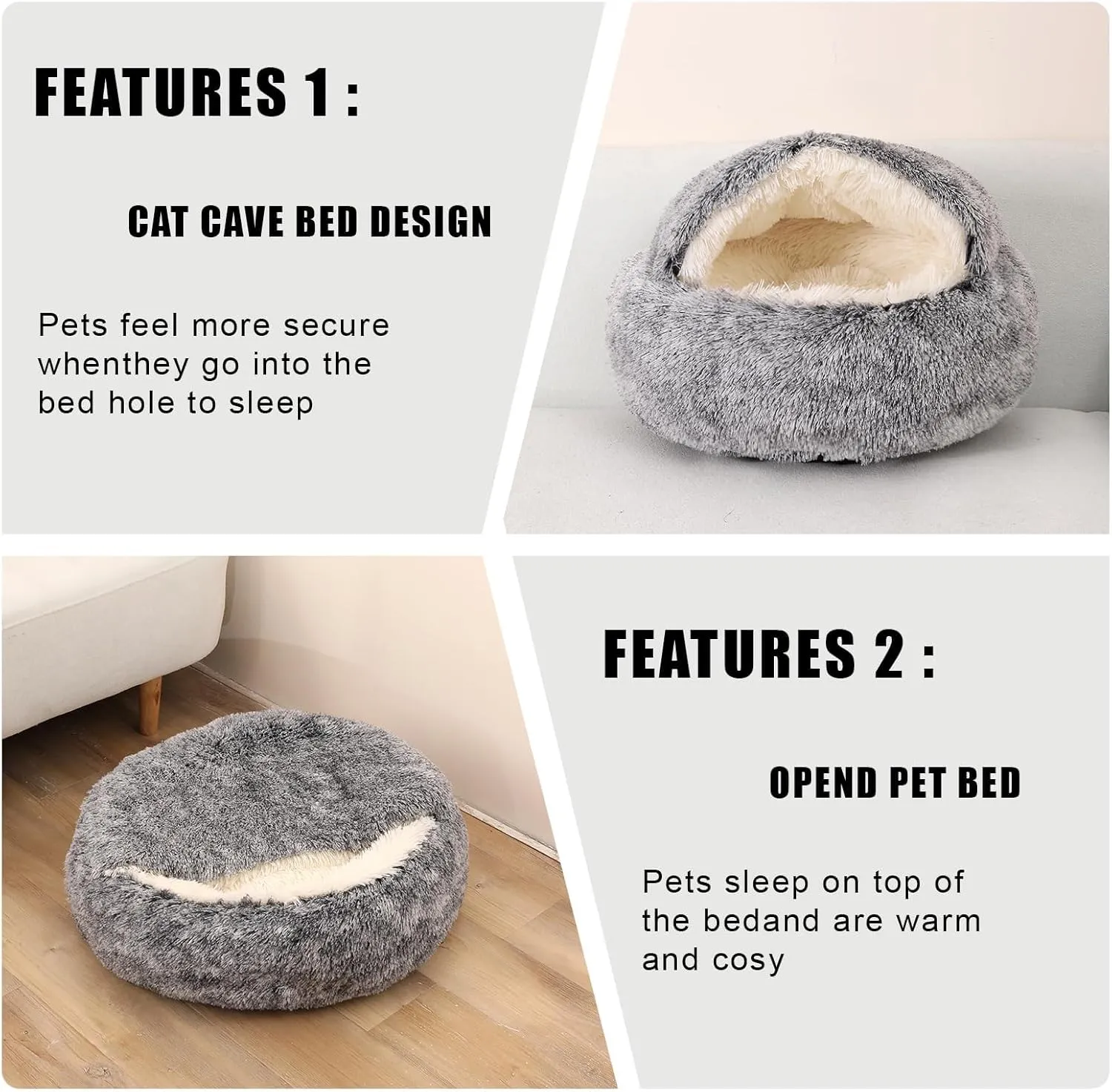 Cat Beds for Indoor Cats,Cat Cave for Puppy and Kitty,Calming Small Dog Bed for Small Dogs with Cover Cave,Cozy Warming Fluffy Washable Anti-Slip Pet Sleeping Bag(24 * 24inch,Grey)