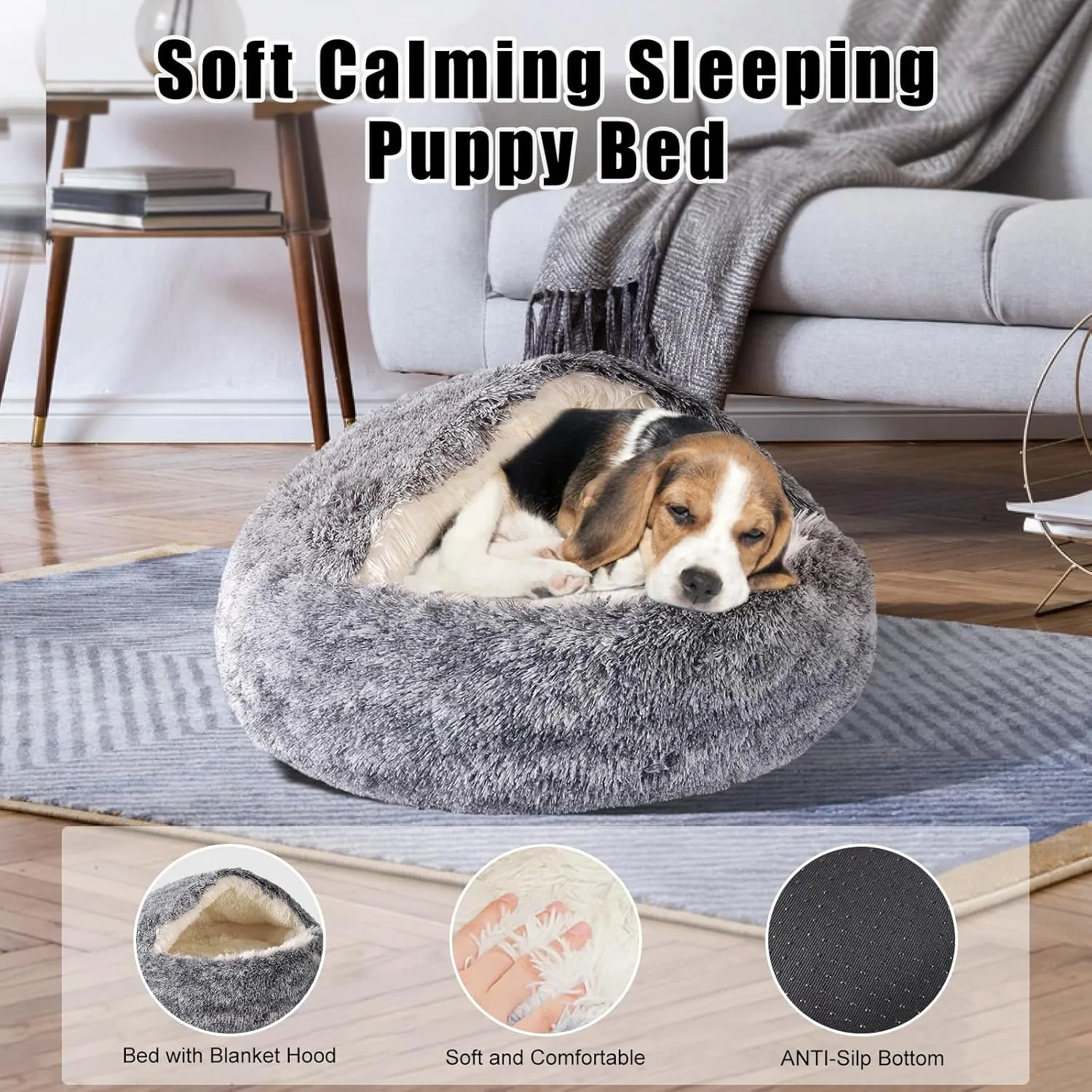 Cat Beds for Indoor Cats,Cat Cave for Puppy and Kitty,Calming Small Dog Bed for Small Dogs with Cover Cave,Cozy Warming Fluffy Washable Anti-Slip Pet Sleeping Bag(24 * 24inch,Grey)