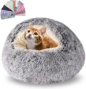 Cat Beds for Indoor Cats,Cat Cave for Puppy and Kitty,Calming Small Dog Bed for Small Dogs with Cover Cave,Cozy Warming Fluffy Washable Anti-Slip Pet Sleeping Bag(24 * 24inch,Grey)