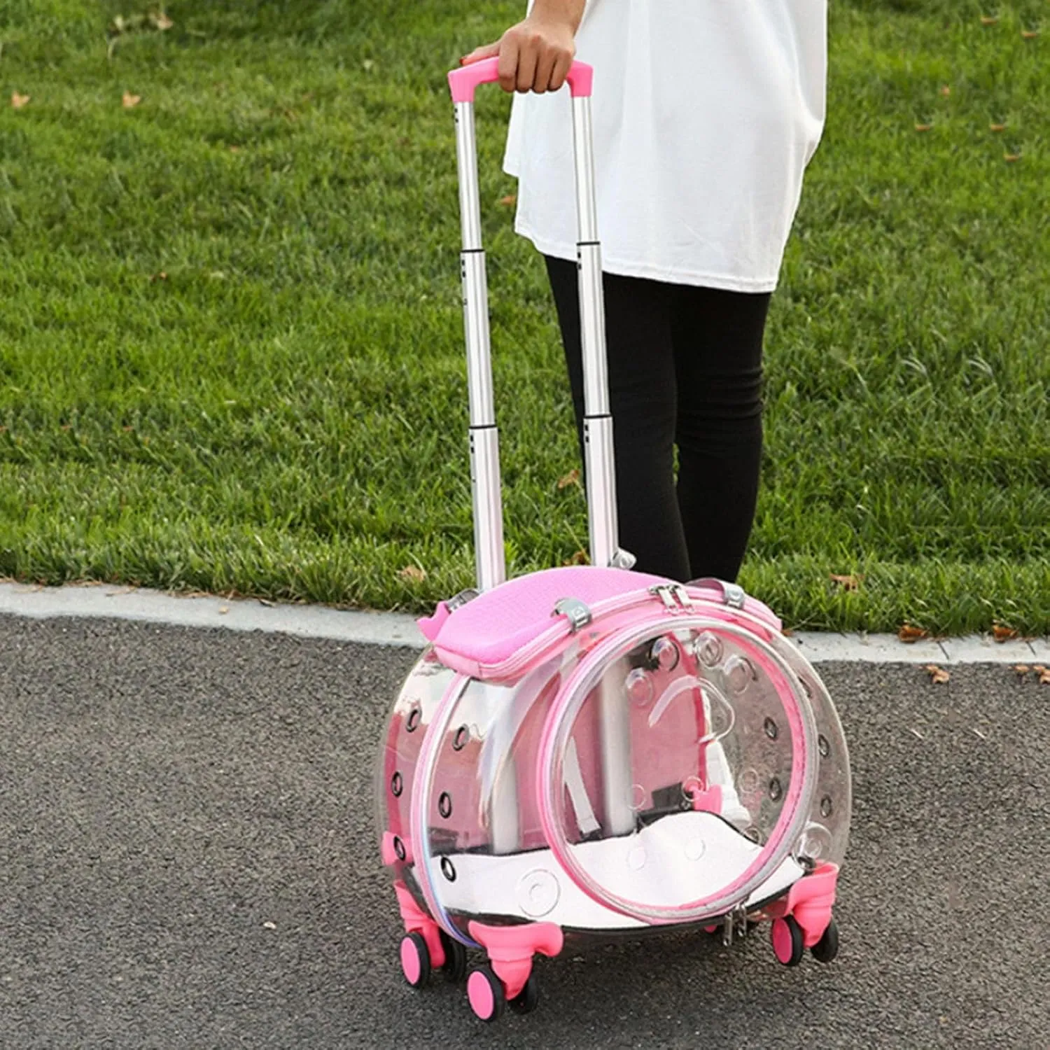 Cat Carrier with Wheels, Transparent Pet Trolley Case with Silent Wheels & Ventilation Holes, Travel Backpack for Cats & Small Dogs, Airline Approved, Easy to Carry (Pink)