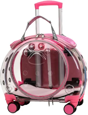 Cat Carrier with Wheels, Transparent Pet Trolley Case with Silent Wheels & Ventilation Holes, Travel Backpack for Cats & Small Dogs, Airline Approved, Easy to Carry (Pink)