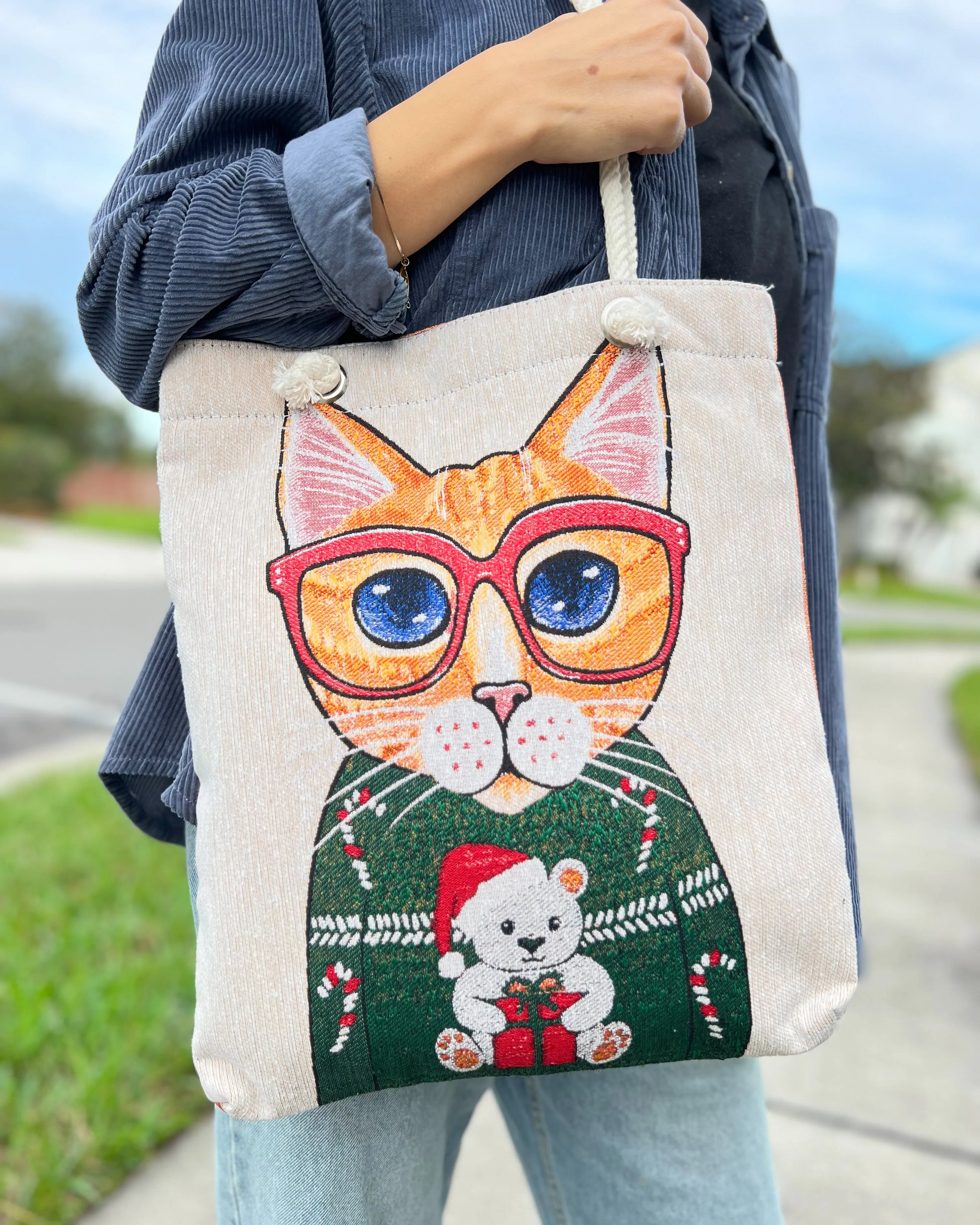 Cat Design Tote Bag, Boho Tote Bag