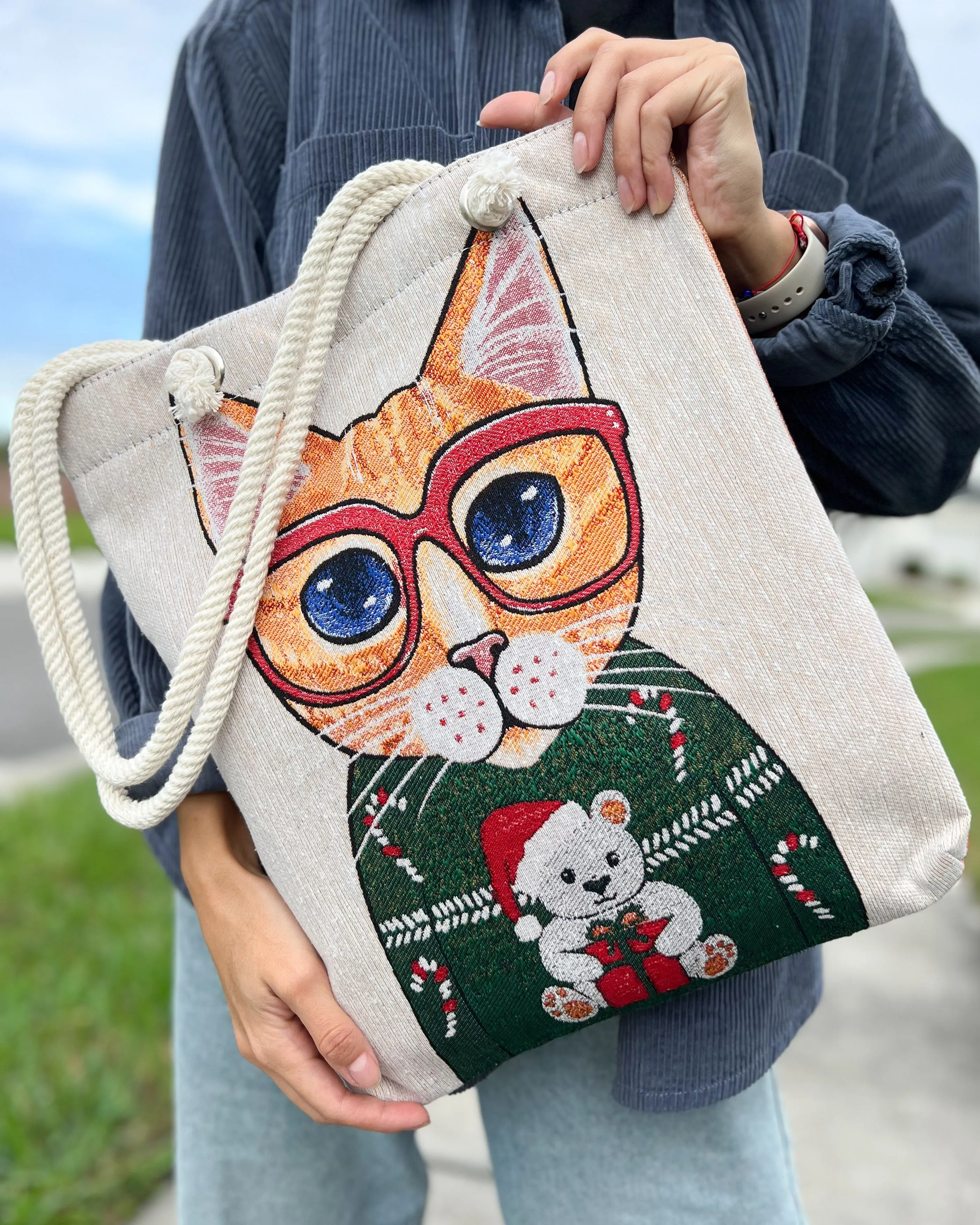 Cat Design Tote Bag, Boho Tote Bag