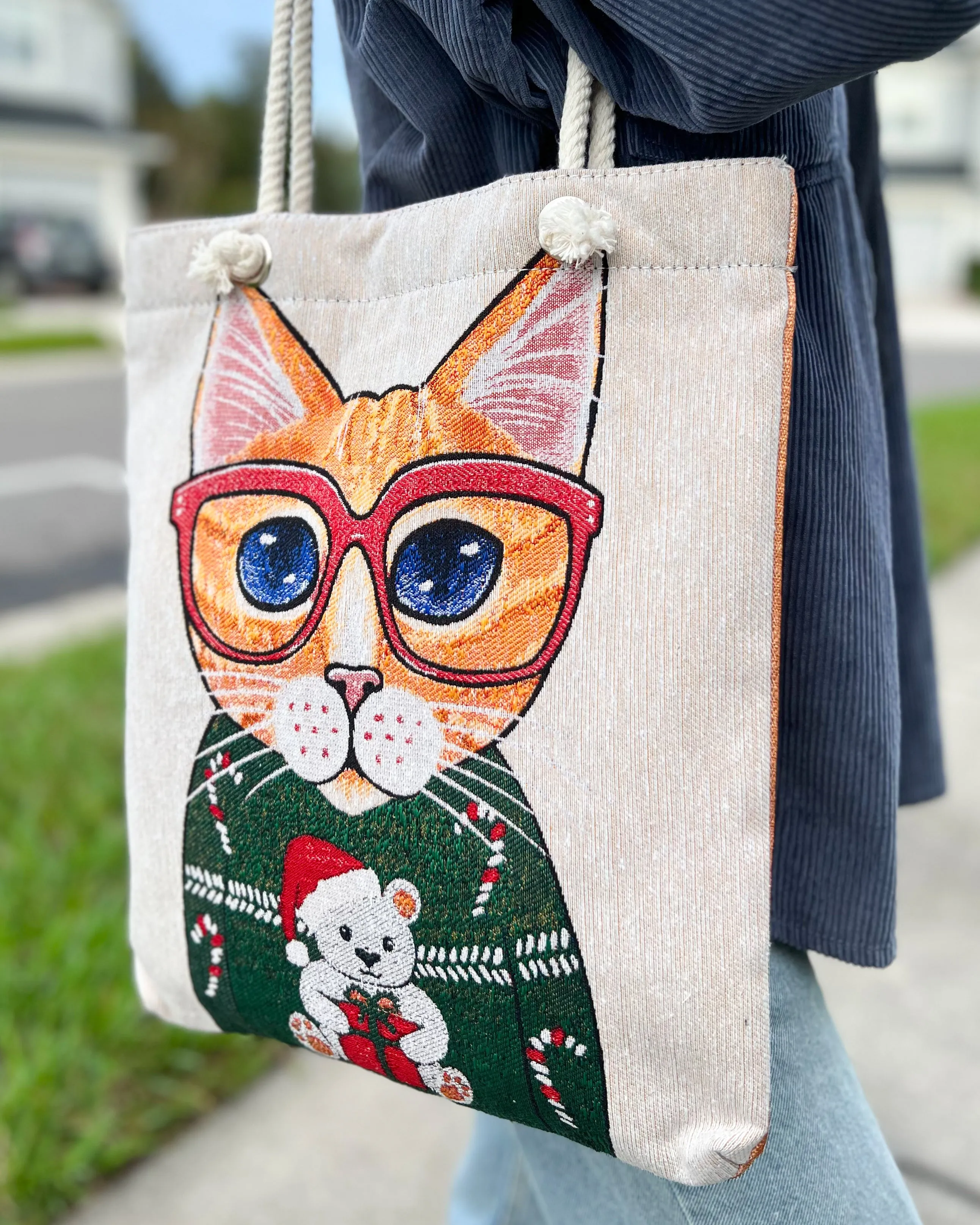 Cat Design Tote Bag, Boho Tote Bag