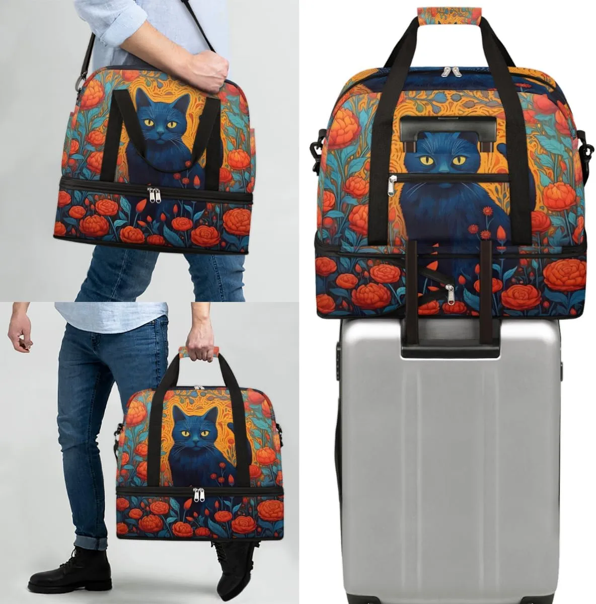 Cat Print Foldable Duffle Bag with Shoes Compartment Large Capacity Waterproof Travel Weekender Bag Overnight Bag for Sports Gym