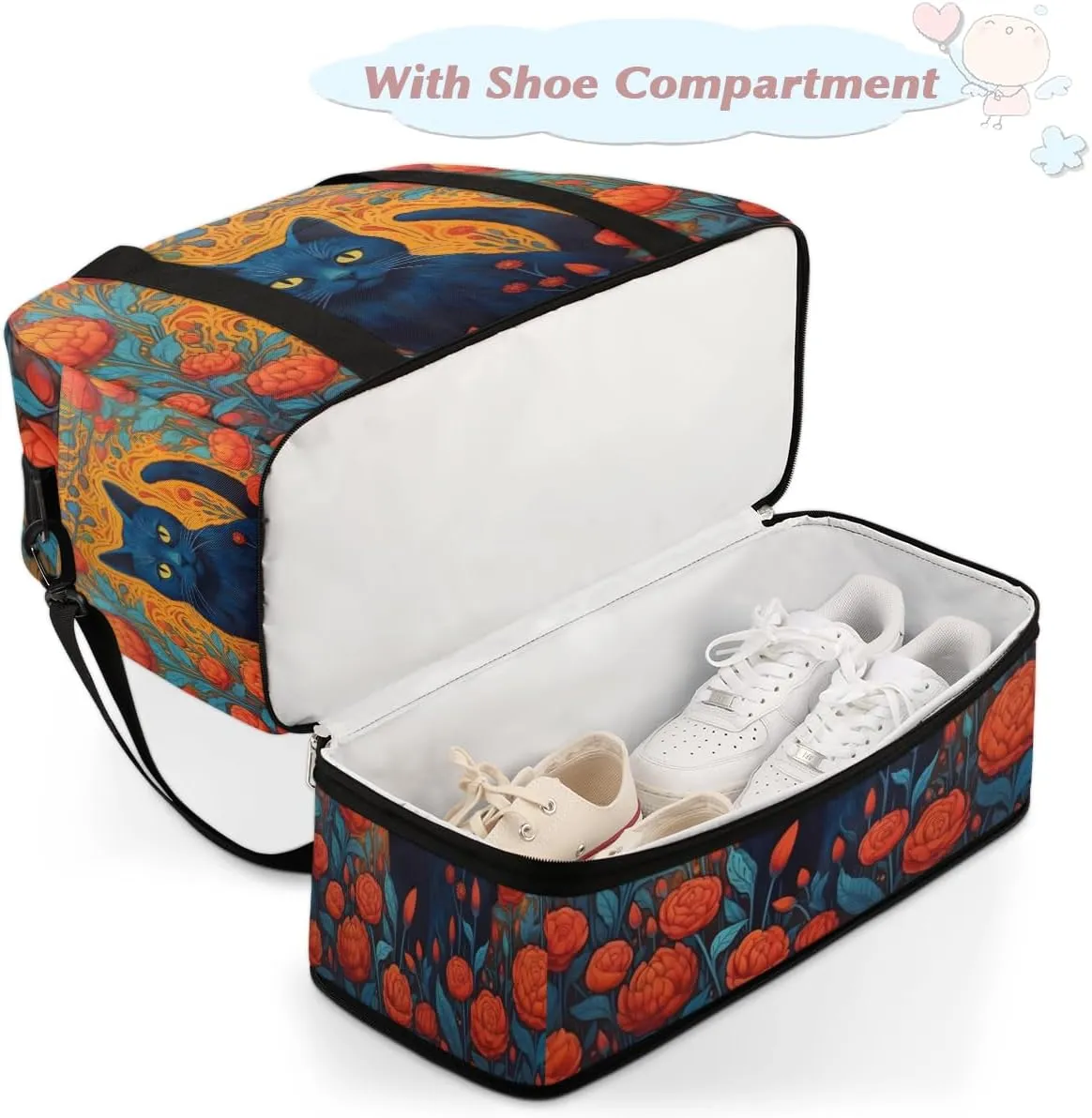 Cat Print Foldable Duffle Bag with Shoes Compartment Large Capacity Waterproof Travel Weekender Bag Overnight Bag for Sports Gym